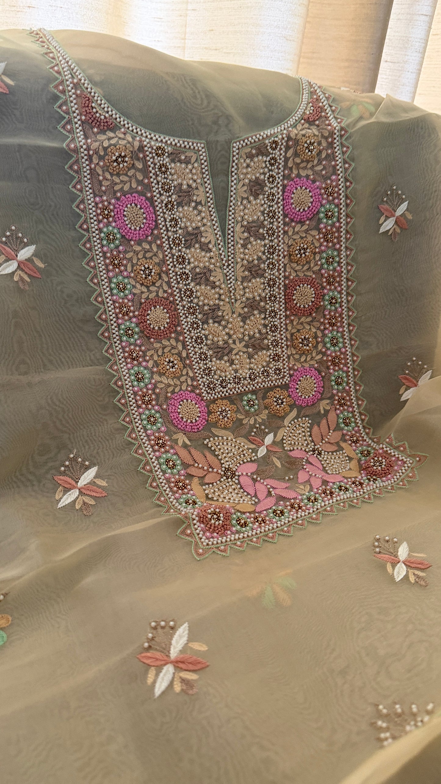 Exclusive Beige Organza Pearls Chikankari Suit