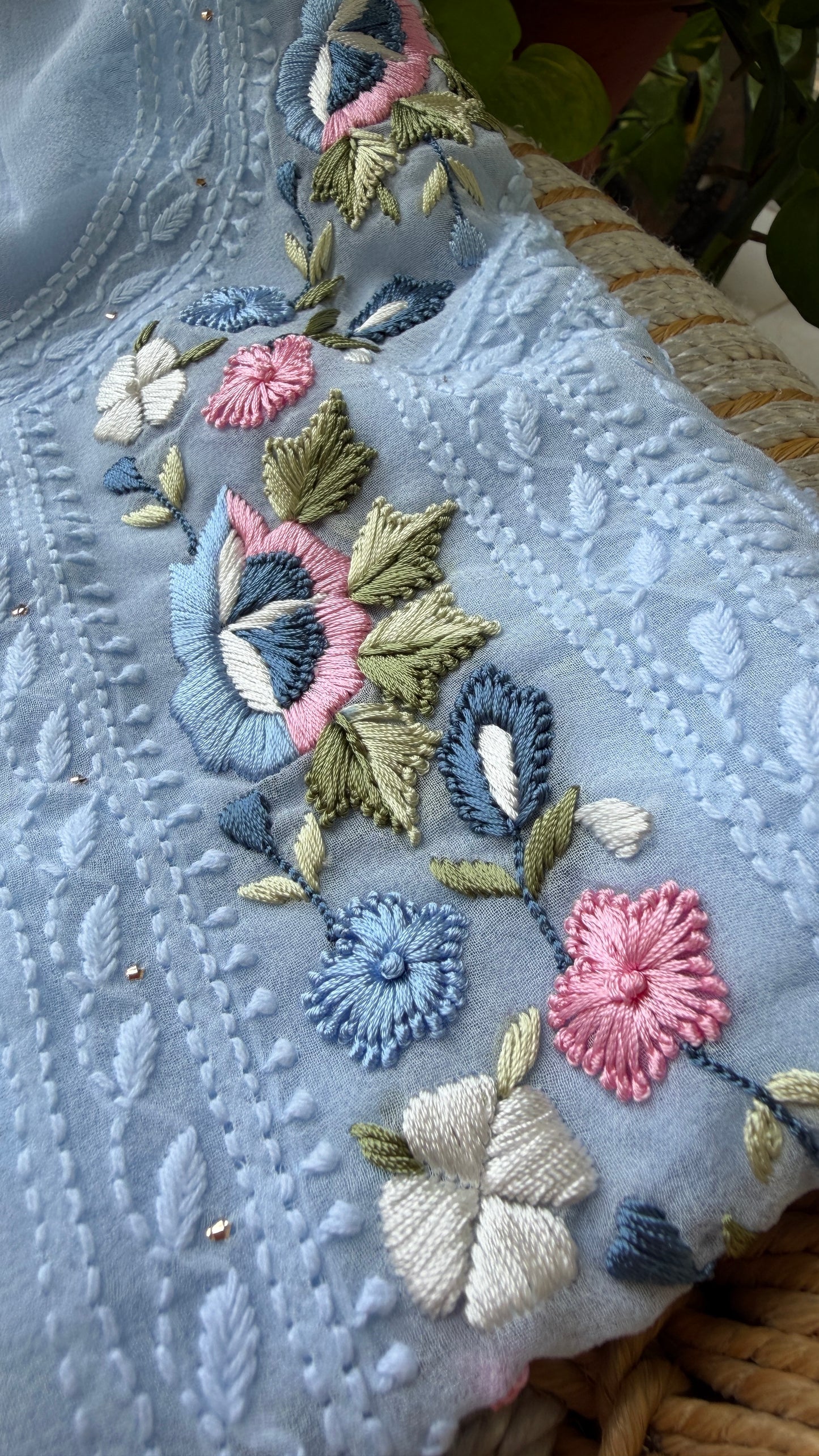 Powder Blue Parsi Gara Chikankari Suit