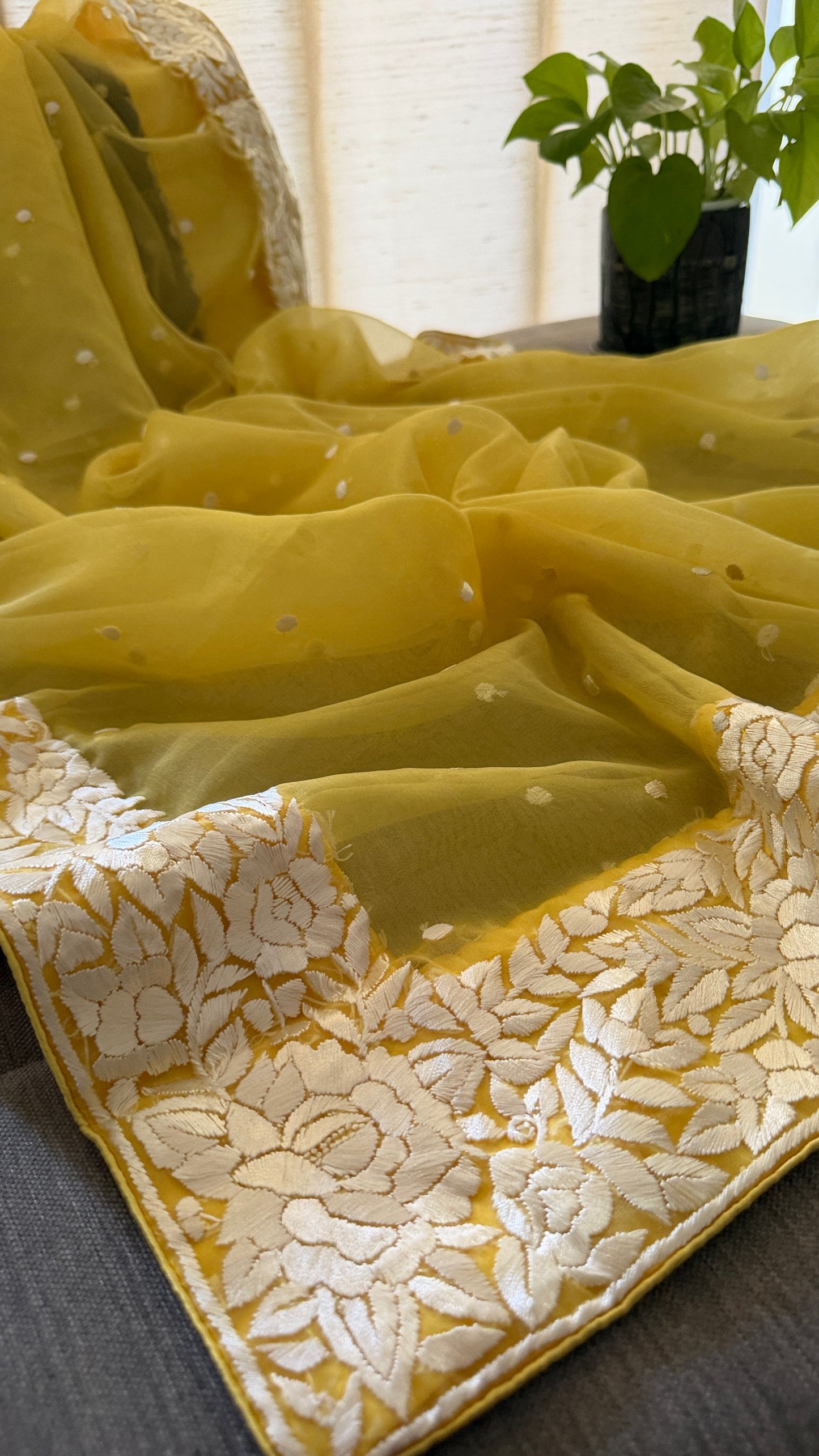 Exclusive Yellow Organza Parsi Gara Dupatta for Women