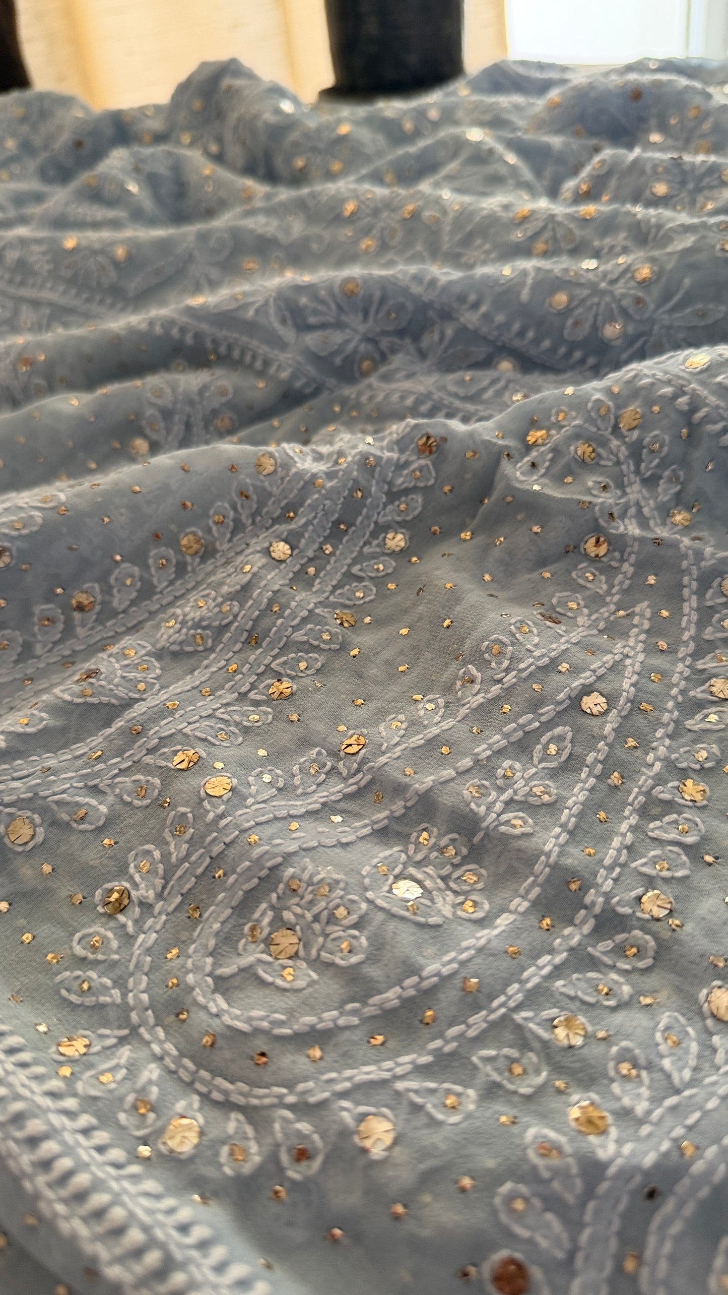 Powder Blue Mukaish Chikankari Saree