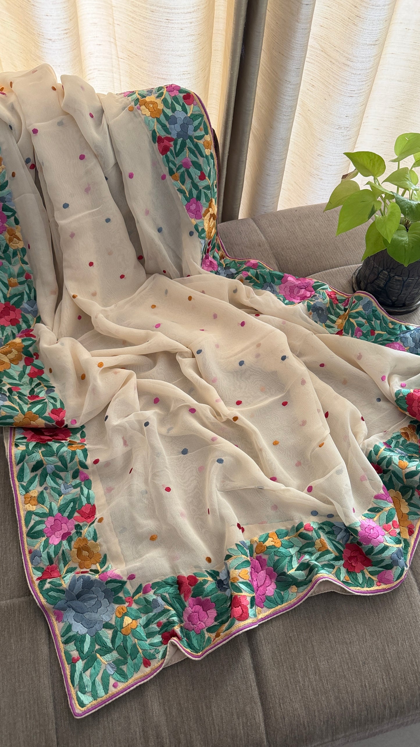 Artisanal Cream Multicolour Parsi Gara Dupatta