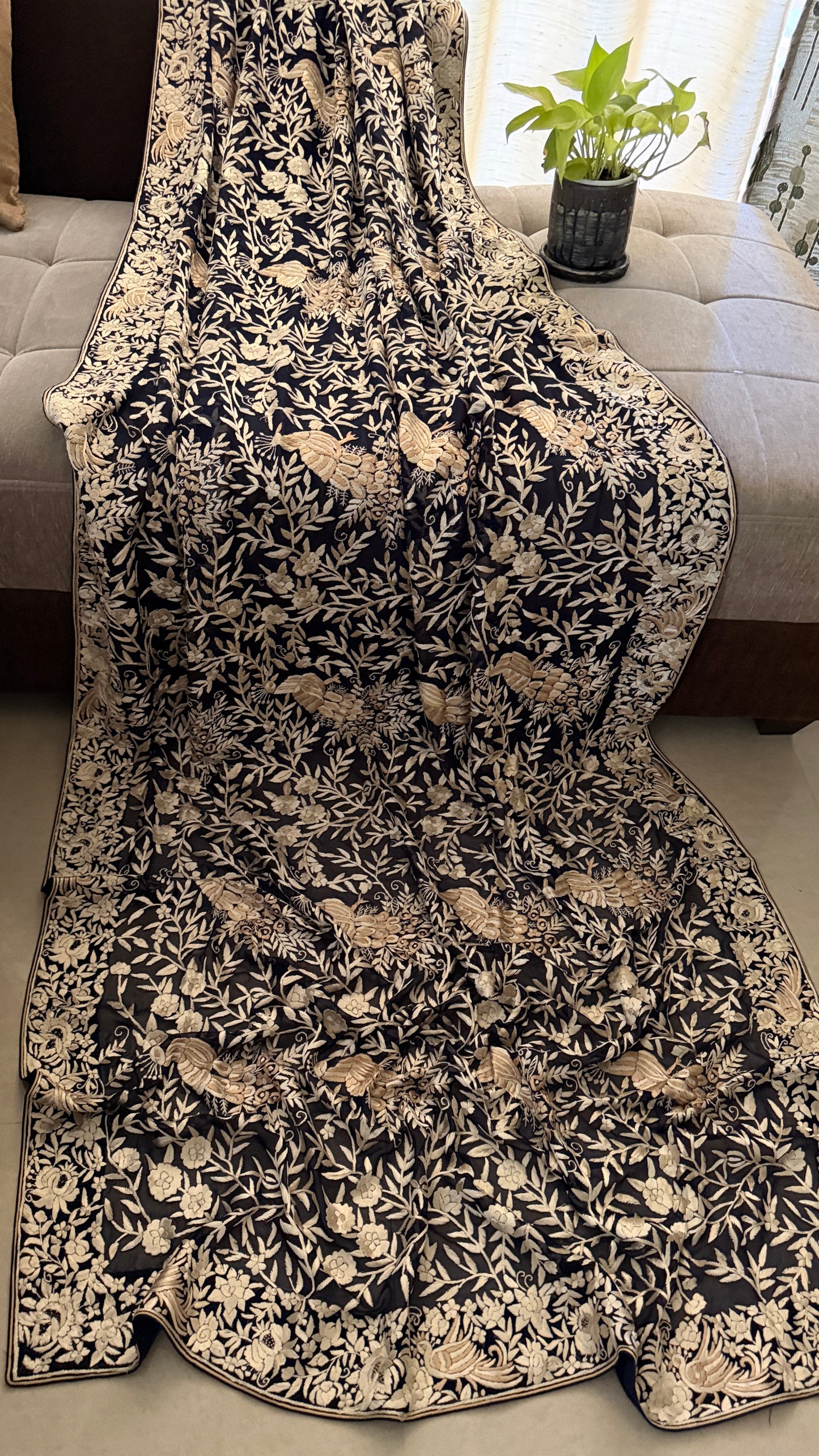 Elegant Navy Hand Embroidered Parsi Gara Dupatta