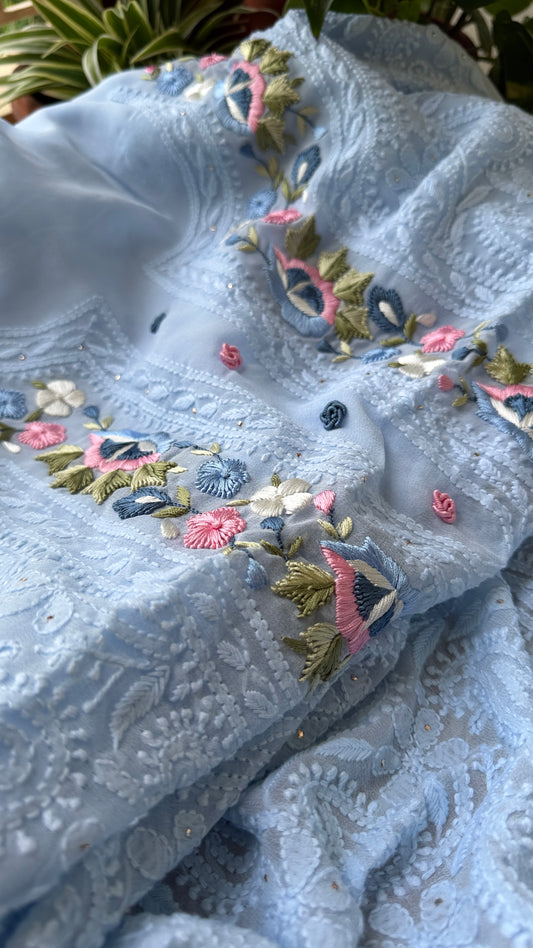 Powder Blue Parsi Gara Chikankari Suit