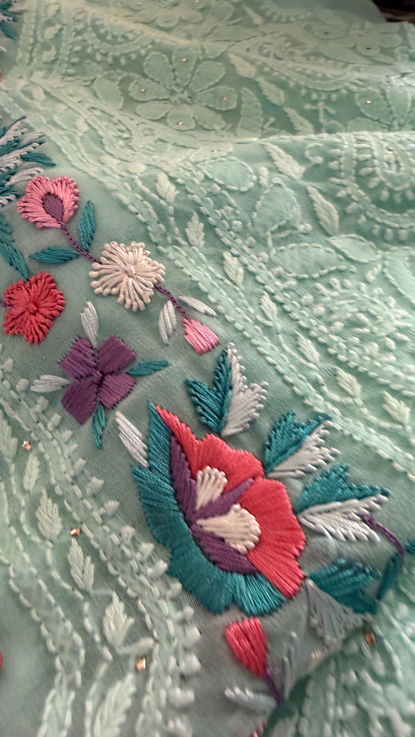 Sea Green Parsi Gara Chikankari Suit