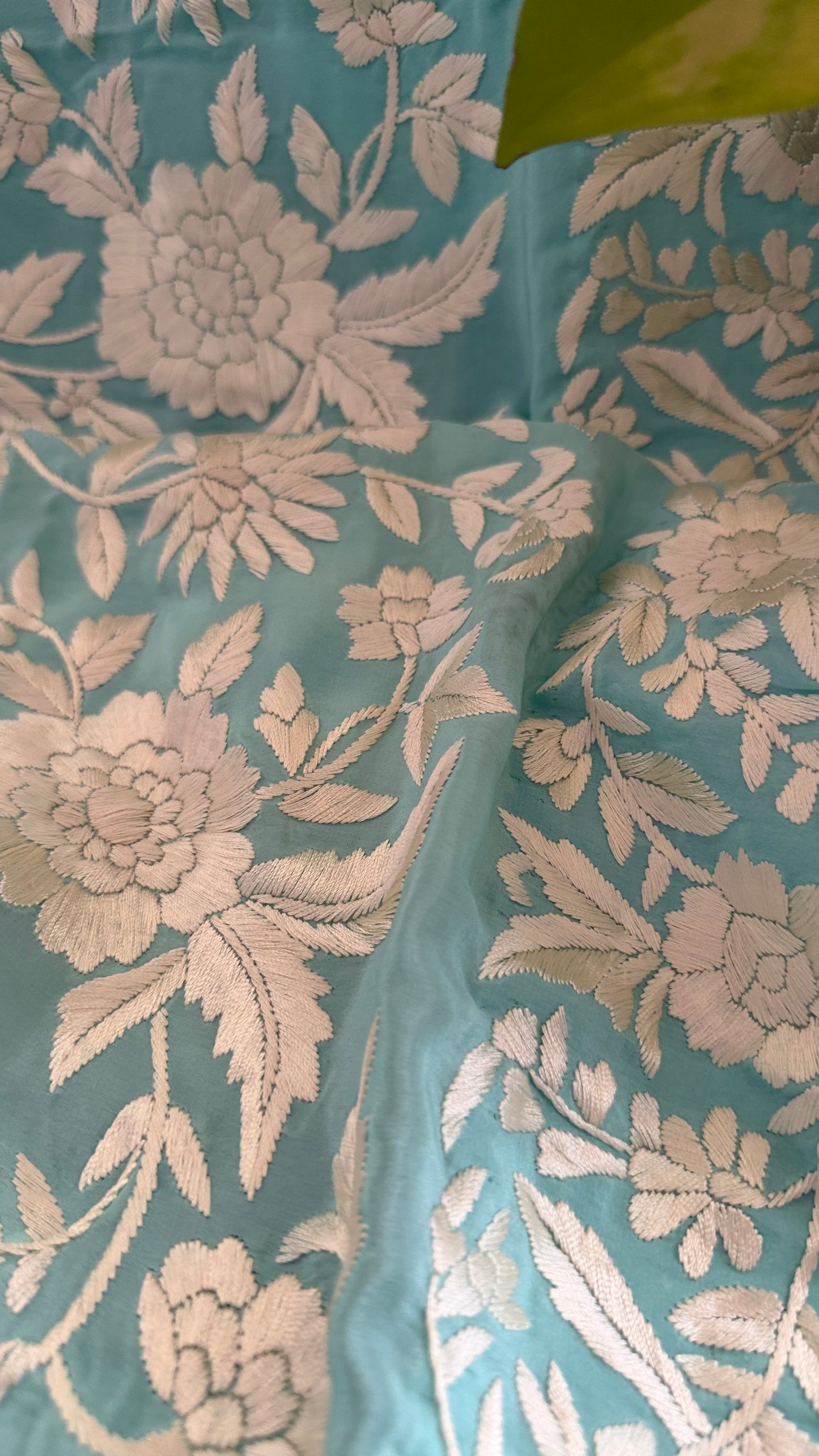Aqua Green Crepe Silk Parsi Gara Saree