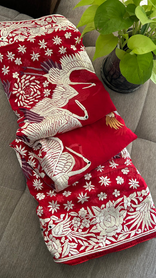 Designer Red Parsi Gara Dupatta for Women