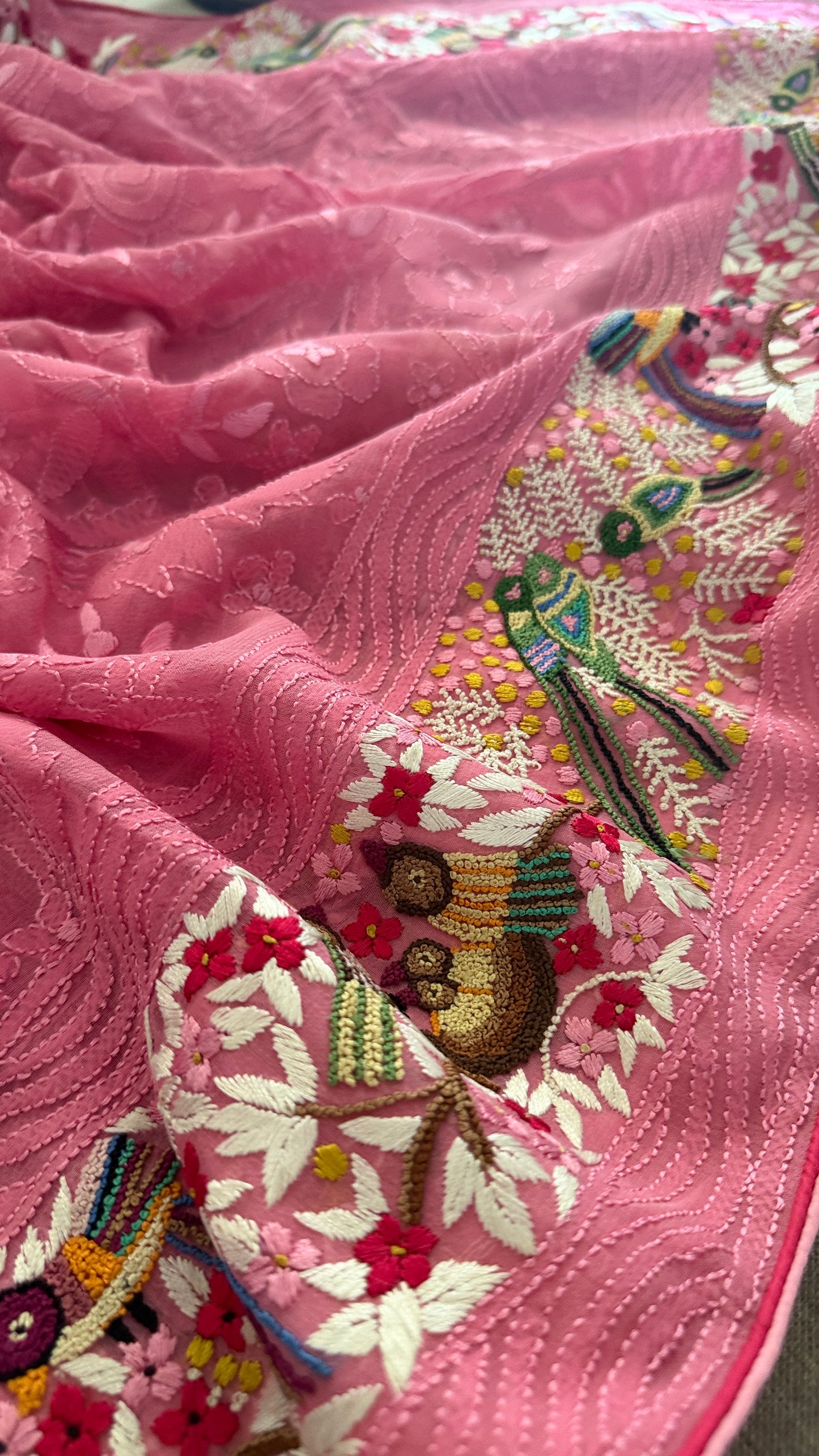 Designer Pink Hand Embroidered Parsi Gara Dupatta