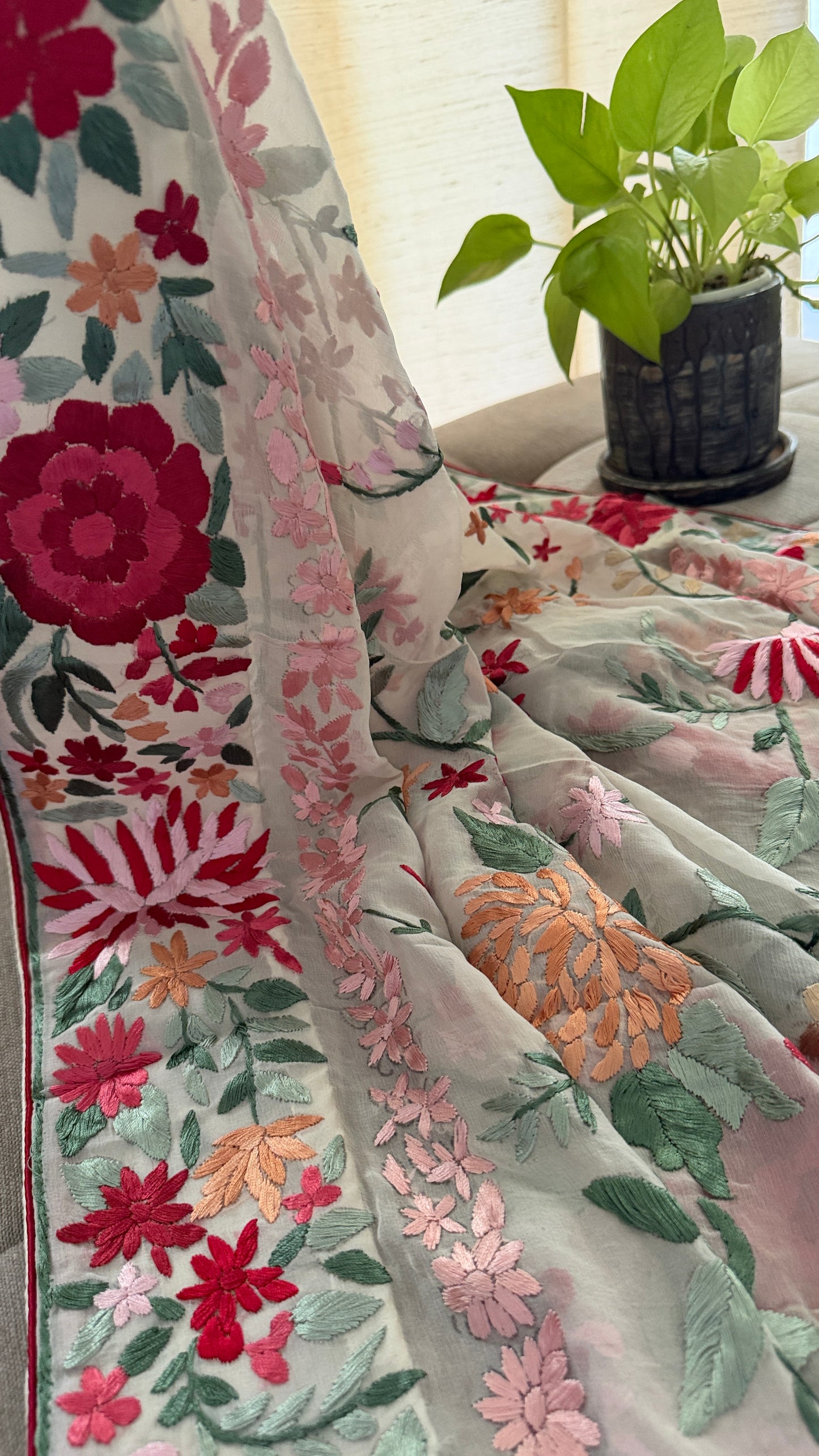 Heirloom Ivory Floral Parsi Gara Dupatta