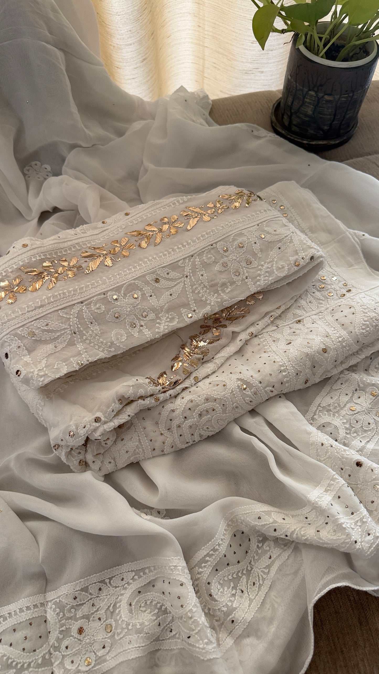 White Mukaish Chikankari Anarkali Suit
