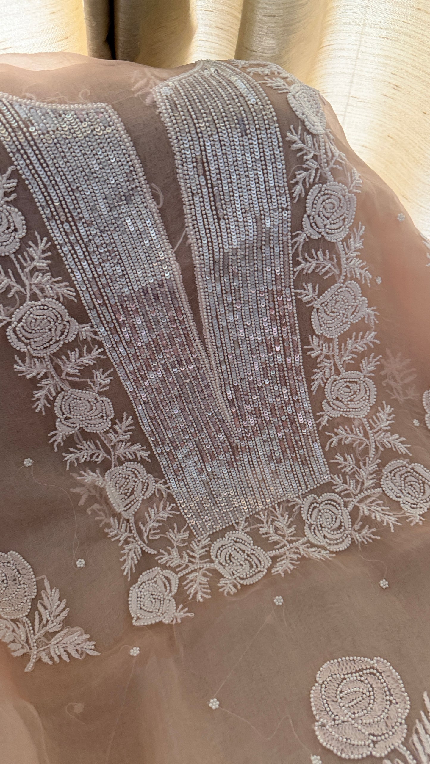 Pearl Embellished Pastel Pink Organza Chikankari Suit