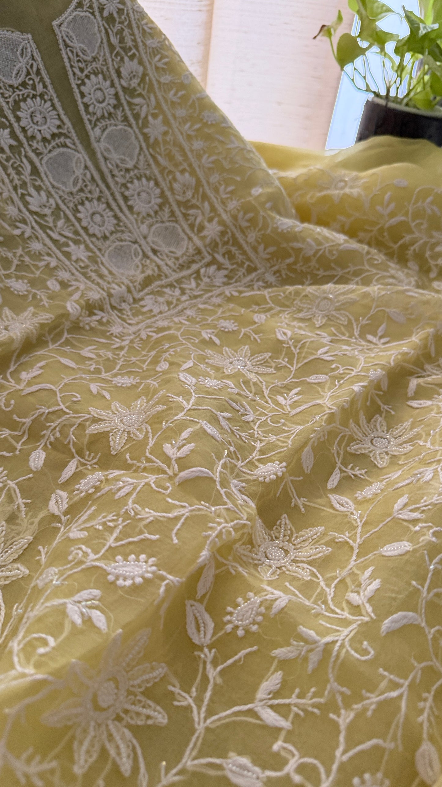 Designer Yellow Organza Cut Dana Pearl Chikankari Suit