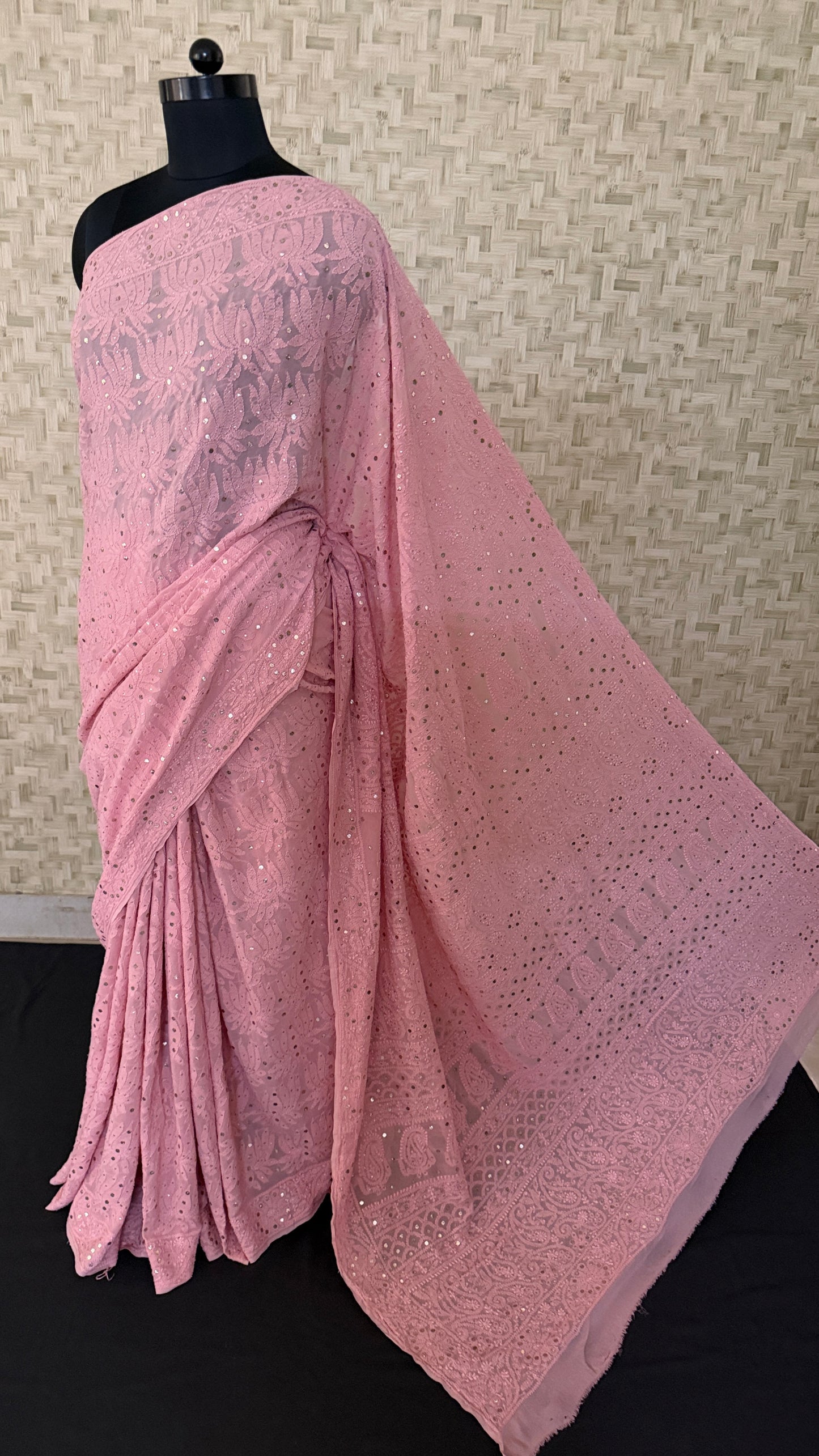 Party Wear Dusty Rose Pink Mukaish Chikankari Saree for Women