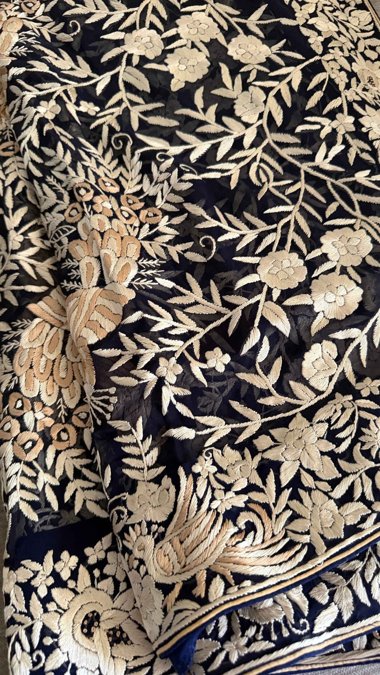 Elegant Navy Hand Embroidered Parsi Gara Dupatta