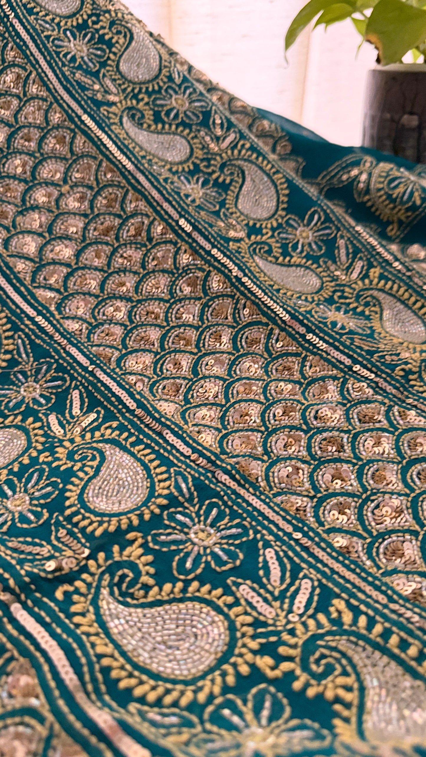 Masterpiece Green Gold Cut Dana Sequin Chikankari Suit (Kurta & Dupatta)