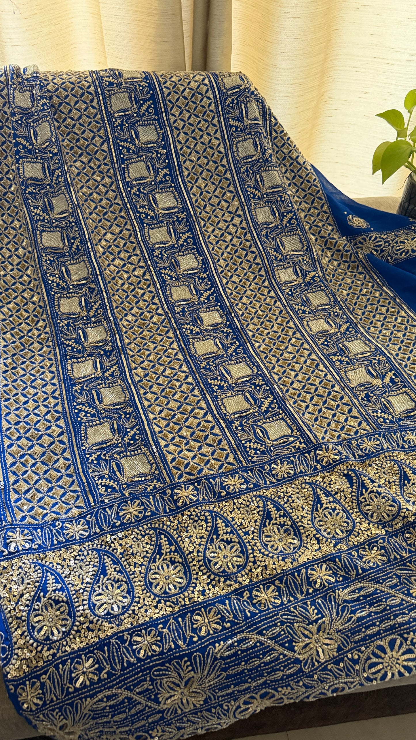 Masterpiece Royal Blue Gold Lucknawi Chikankari Suit (Kurta & Dupatta)