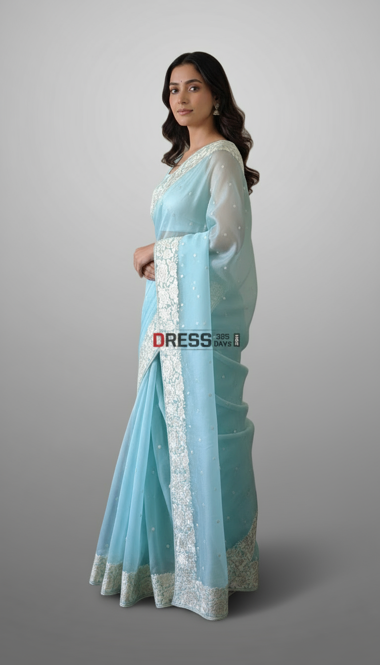 Aqua Blue Hand-Embroidered Parsi Gara Organza Saree