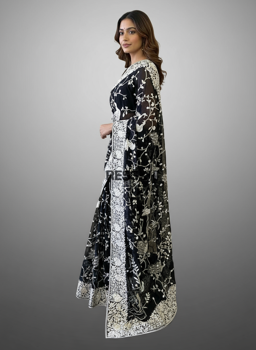 Artisanal Black & Ivory Parsi Gara Saree