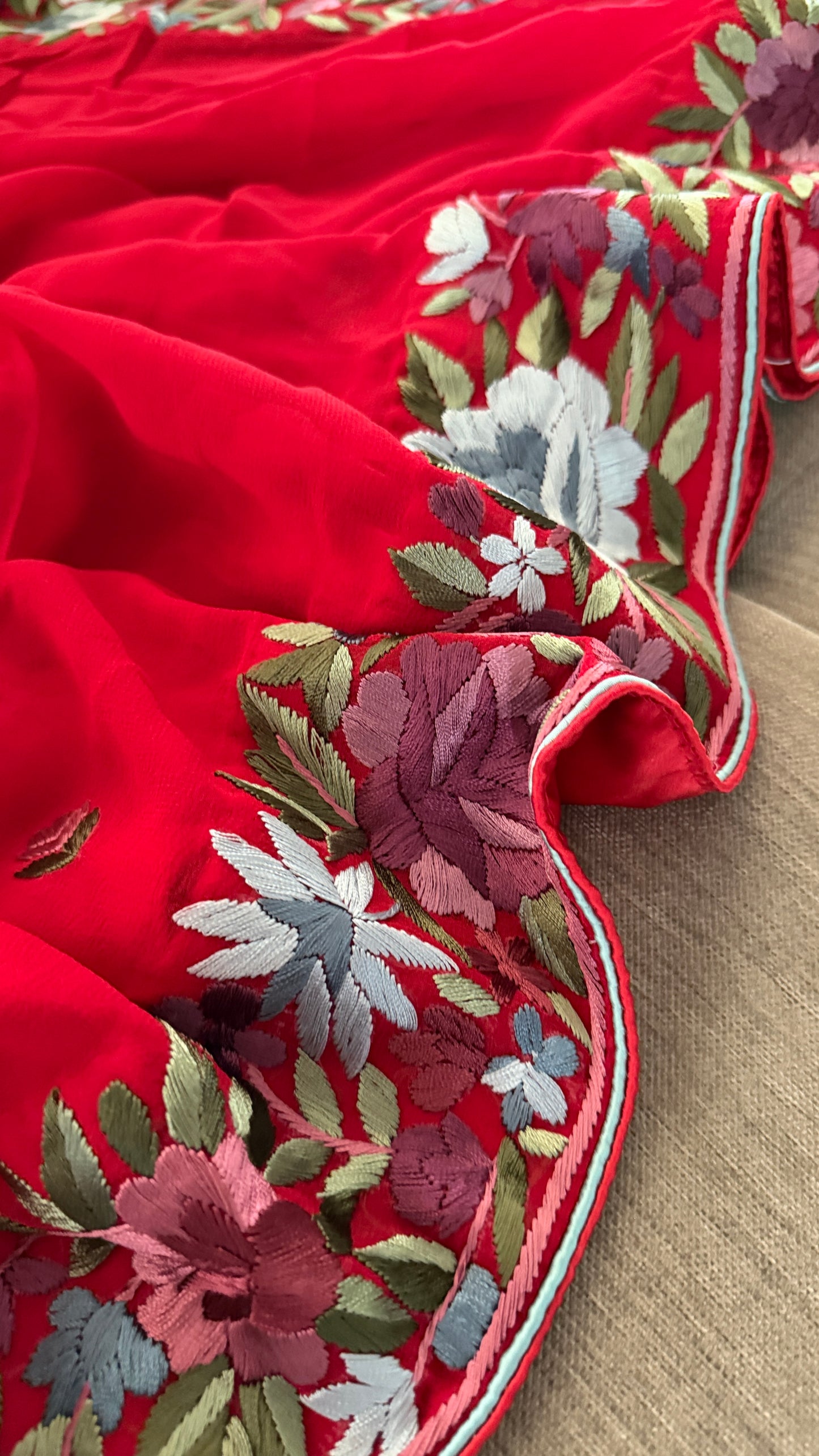 Artisanal Red Floral Parsi Gara Dupatta
