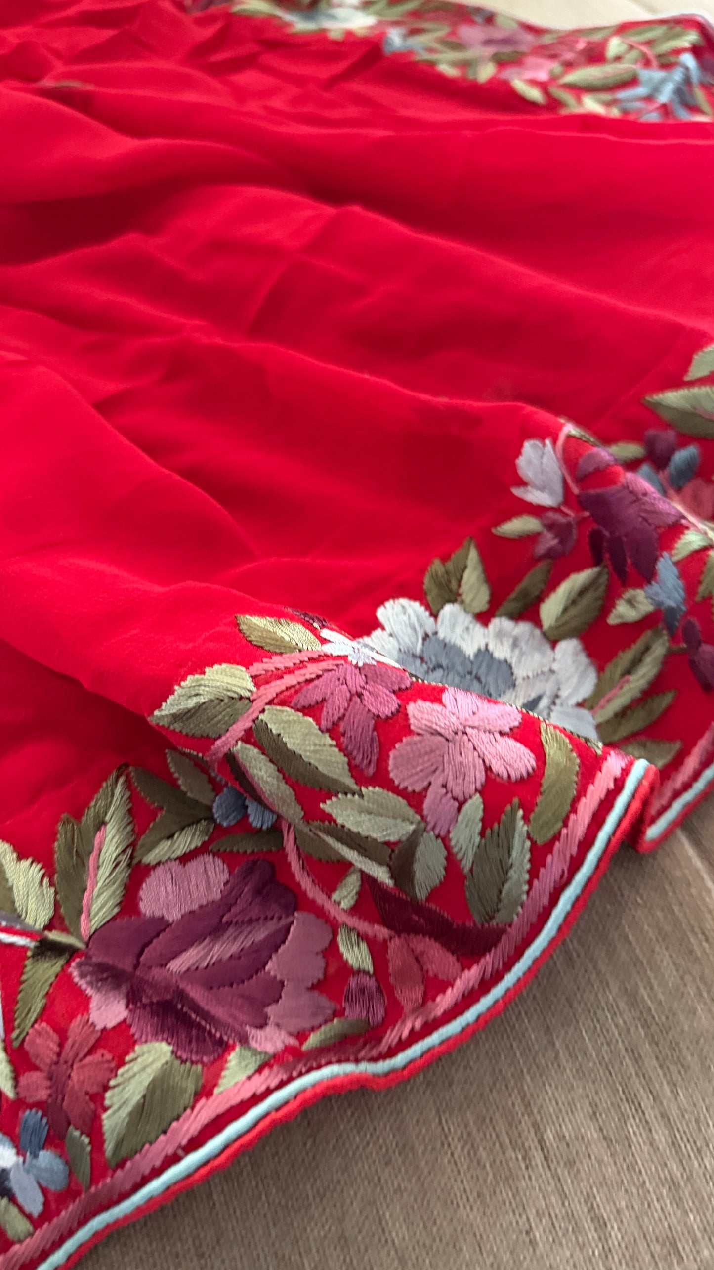 Artisanal Red Floral Parsi Gara Dupatta