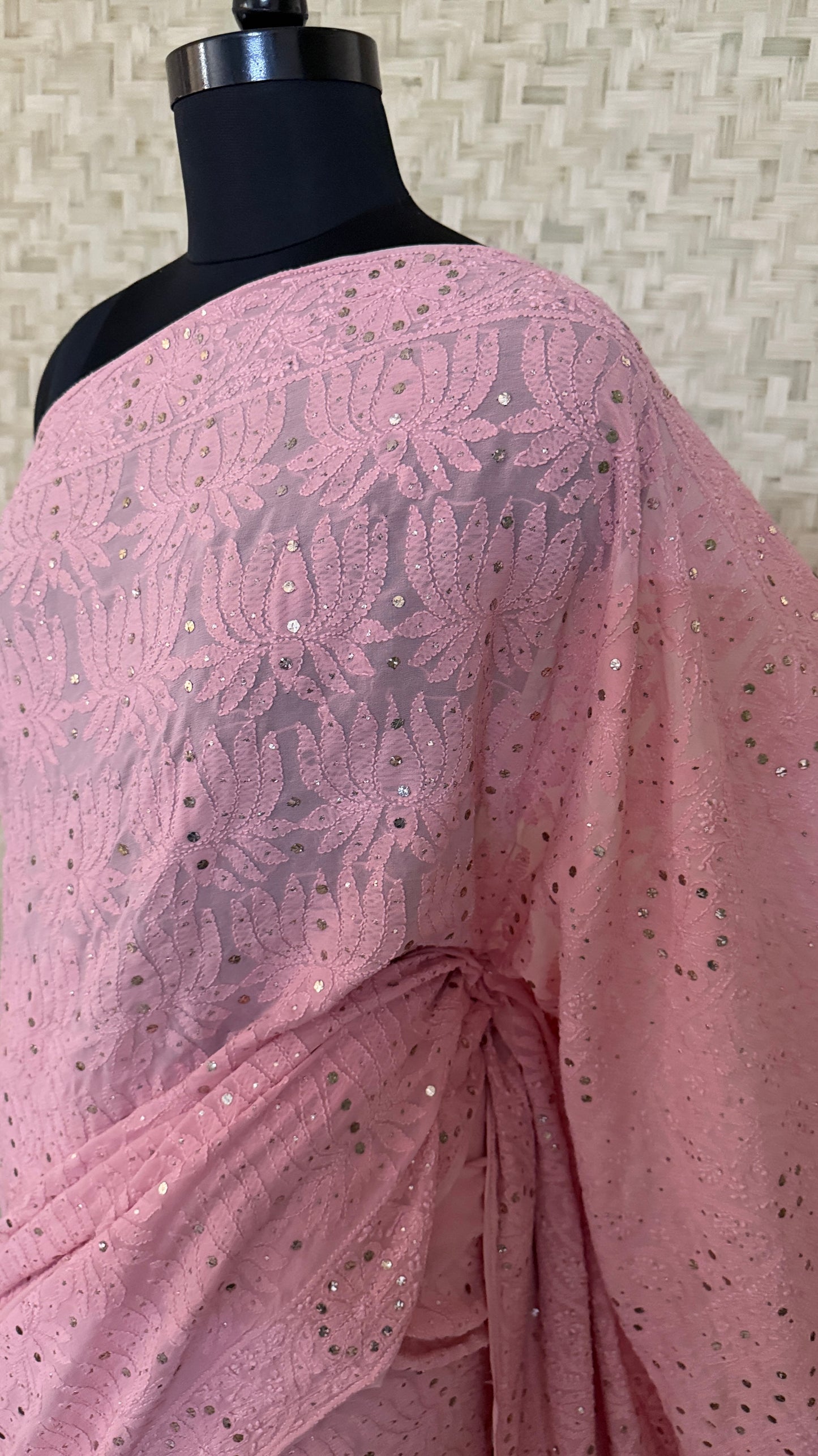 Party Wear Dusty Rose Pink Mukaish Chikankari Saree for Women