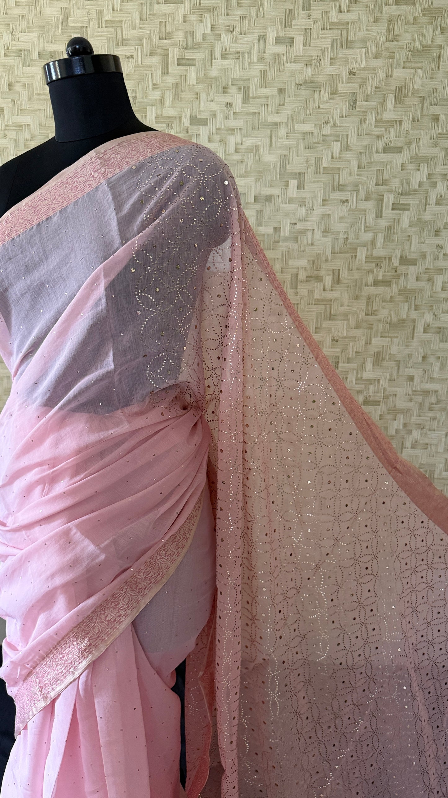 Baby Pink Cotton Chanderi Mukaish Saree for Women
