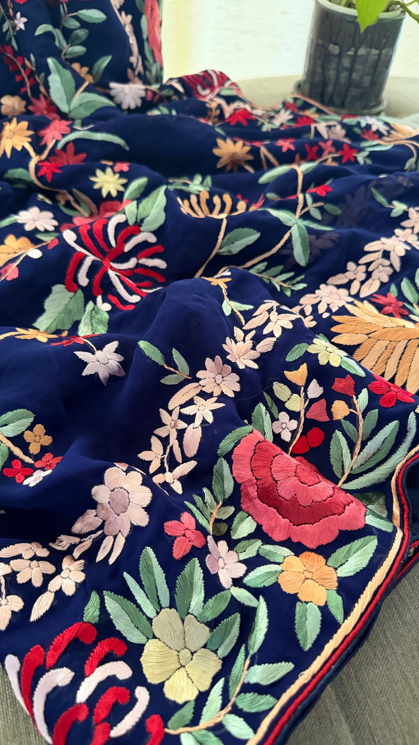 Navy Multicolour Floral Parsi Gara Saree