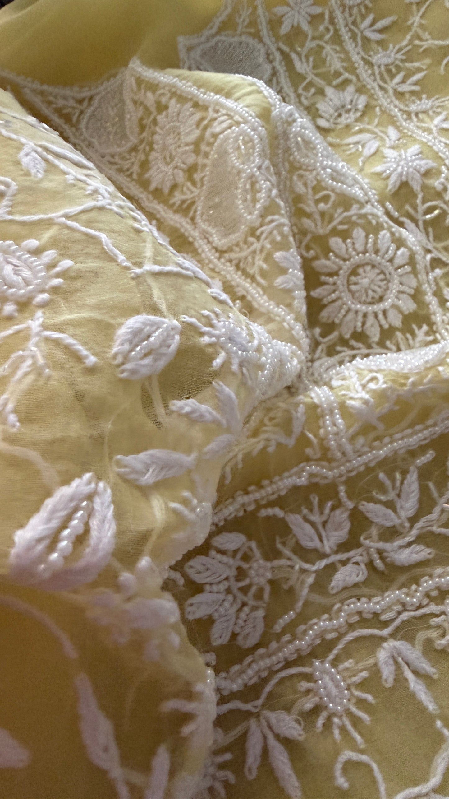 Designer Yellow Organza Cut Dana Pearl Chikankari Suit