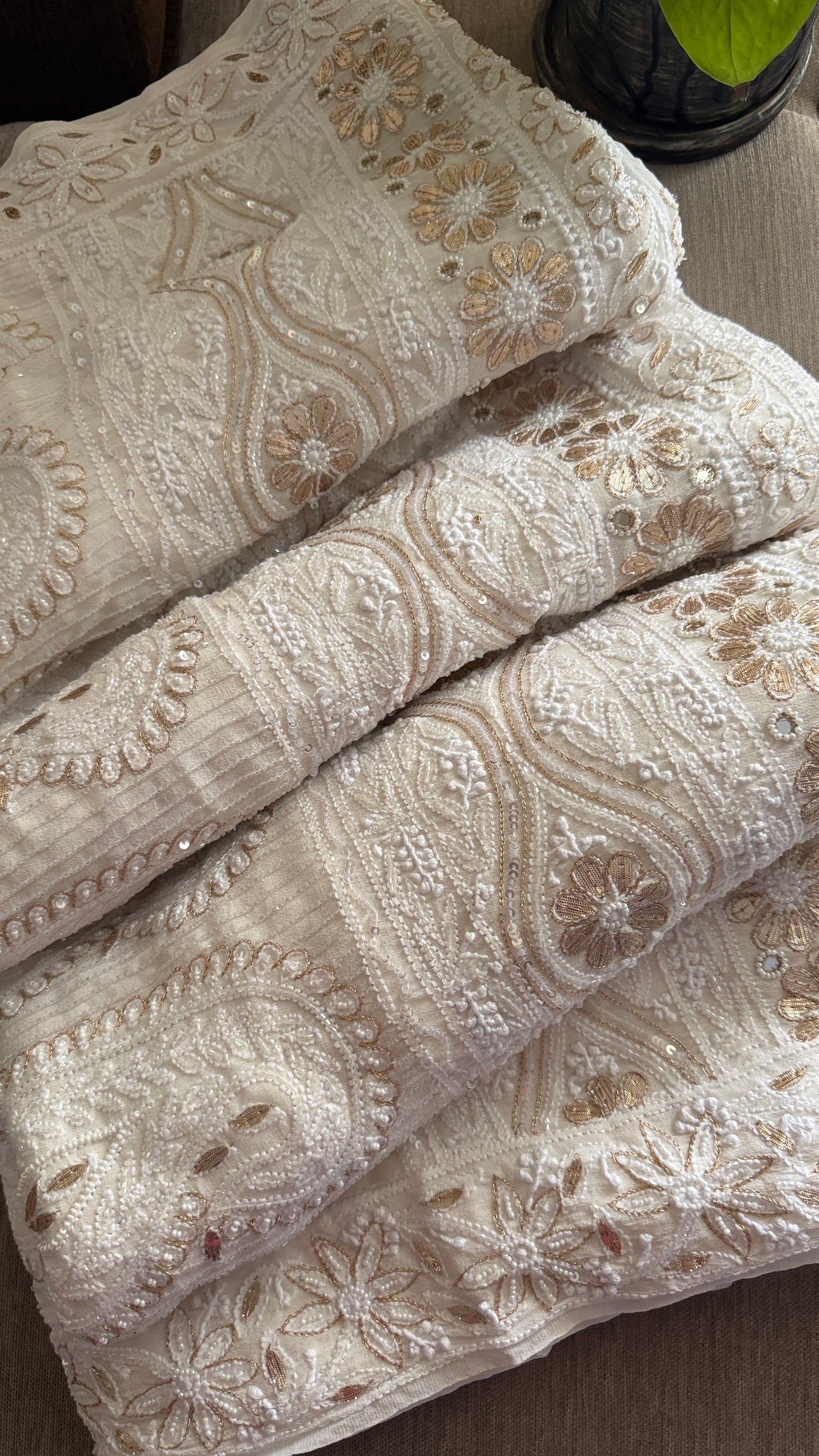 Ivory White Pearl Gota Patti Chikankari Saree