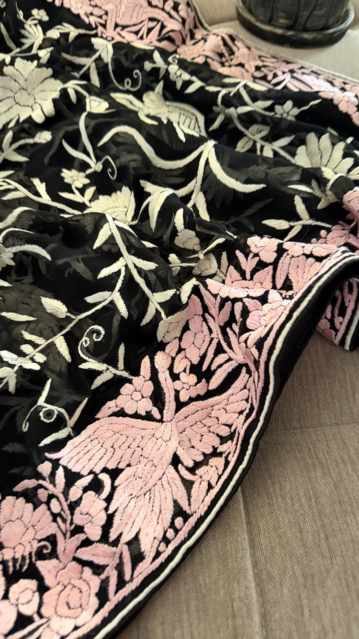 Designer Black Parsi Gara Dupatta with Pink Border