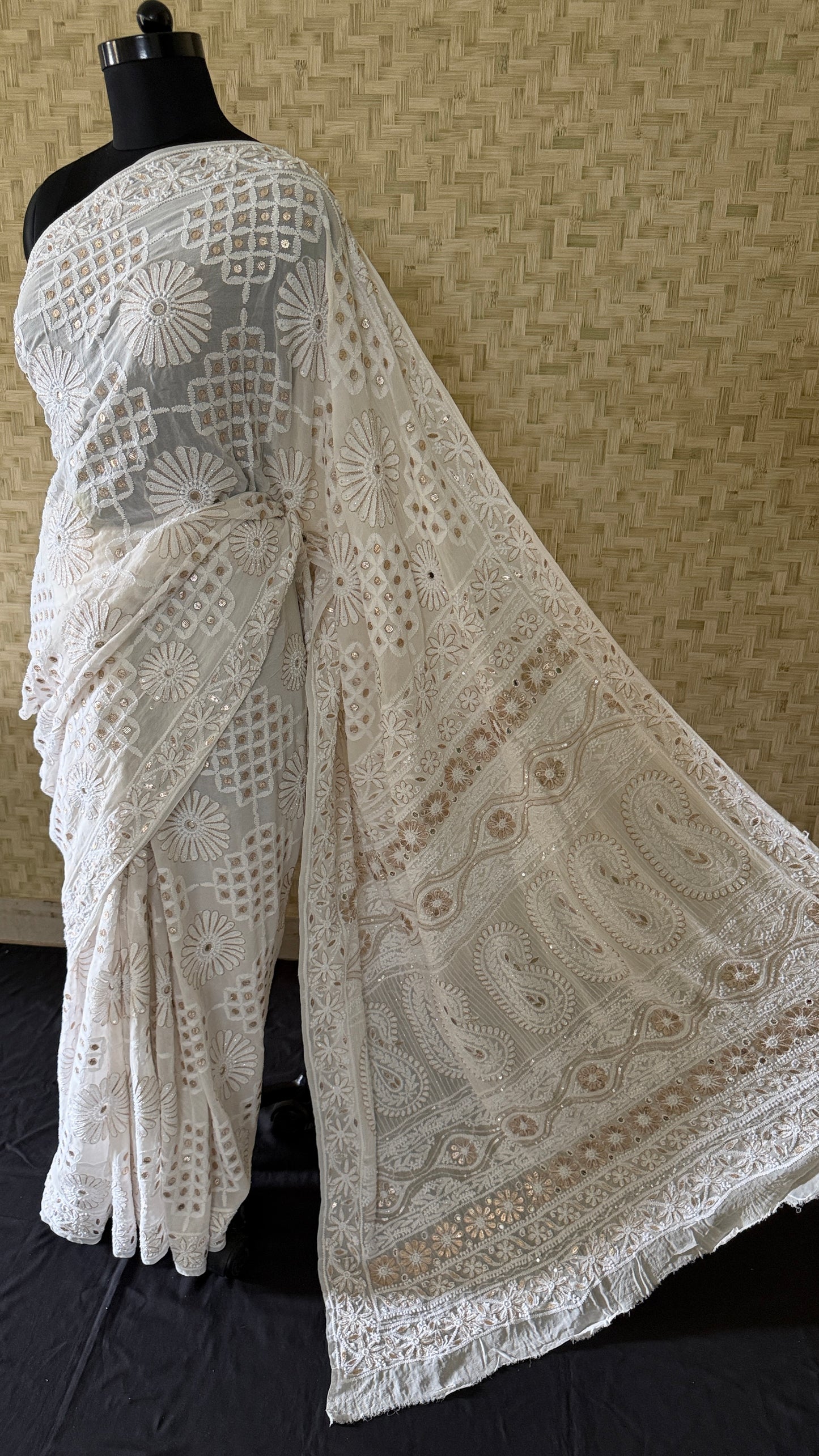 Ivory White Pearl Gota Patti Chikankari Saree