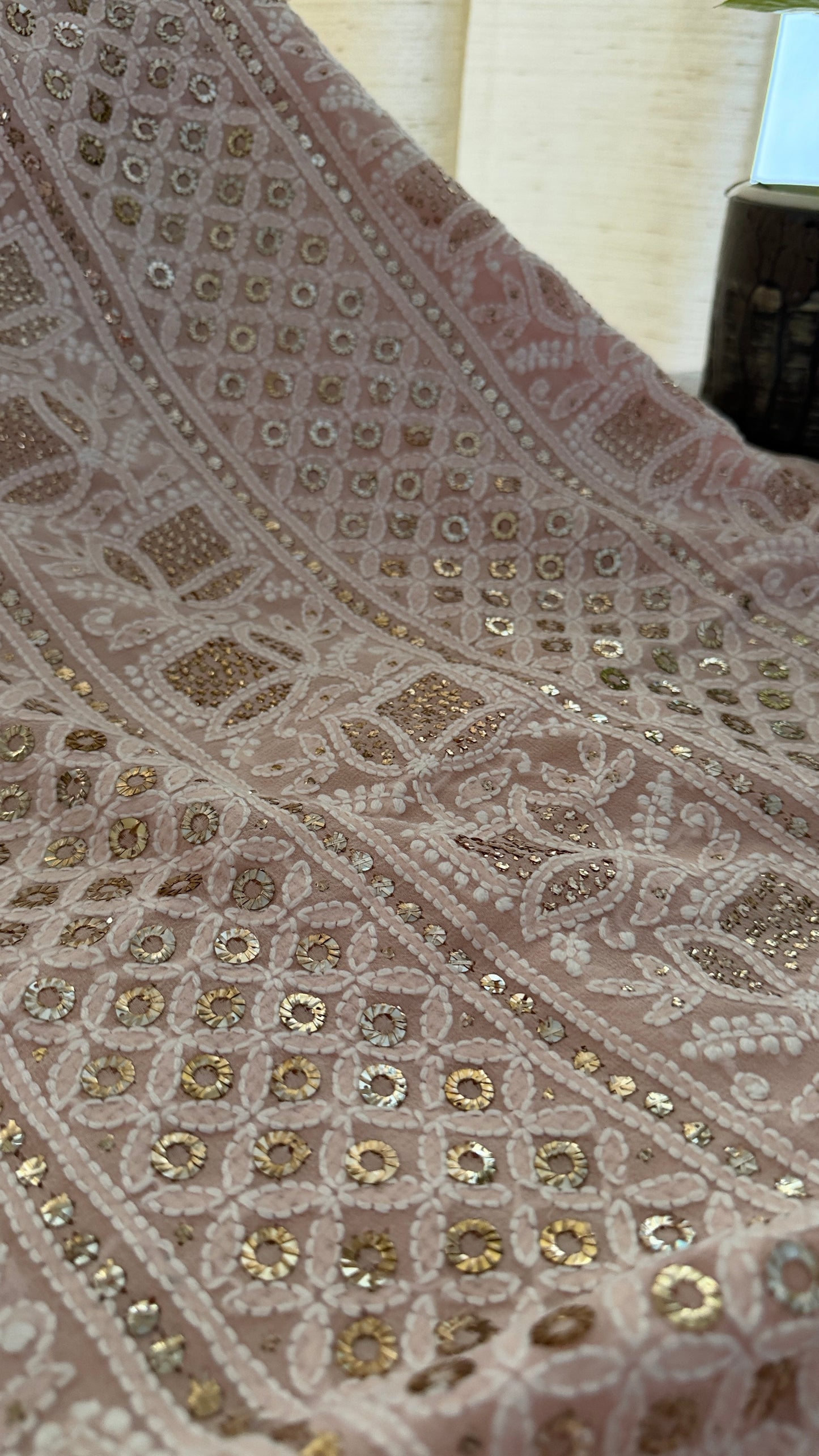 Powder Pink Ring Mukaish Chikankari Suit (Kurta & Dupatta)