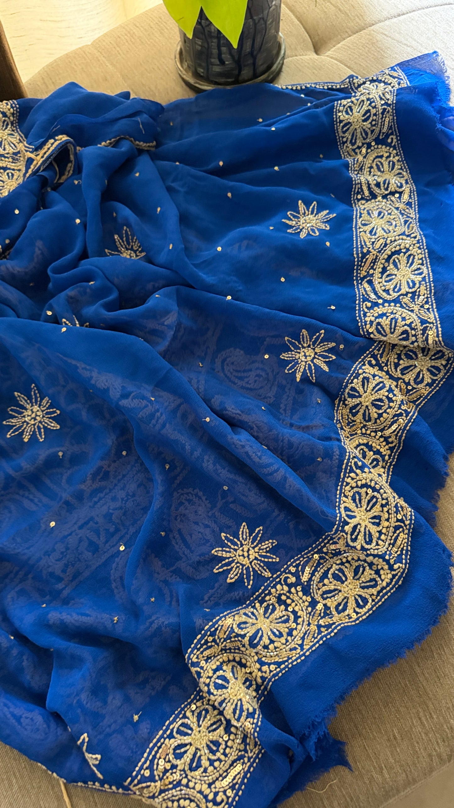 Masterpiece Royal Blue Gold Cut Dana Chikankari Suit (Kurta & Dupatta)