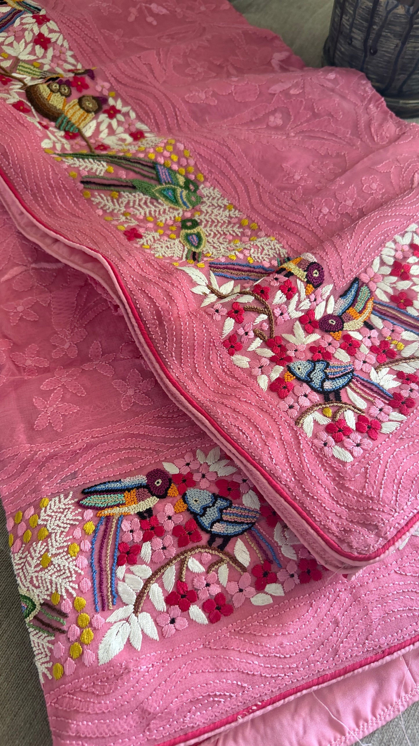 Designer Pink Hand Embroidered Parsi Gara Dupatta