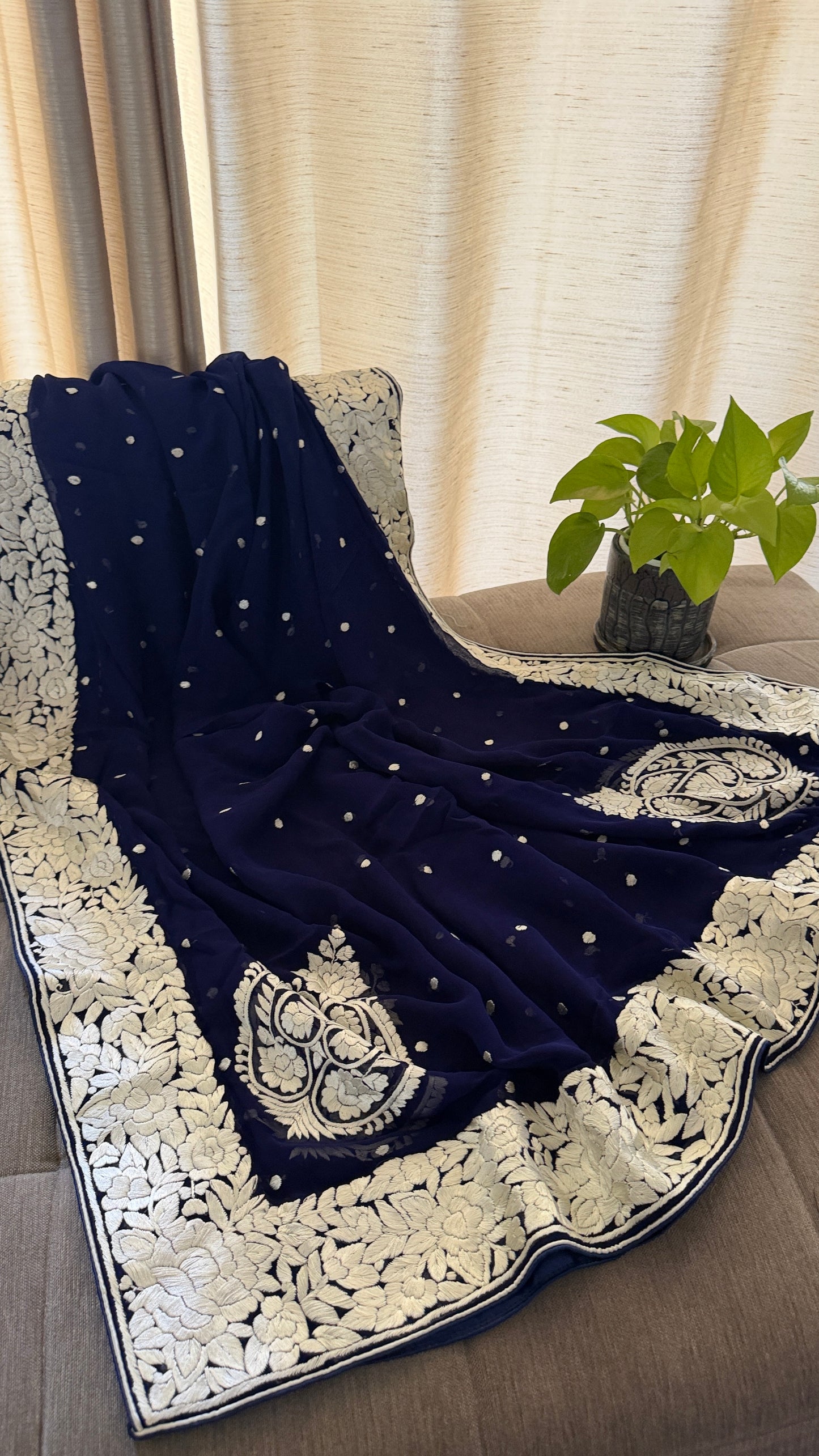 Heirloom Navy Ivory Pure Georgette Parsi Gara Dupatta