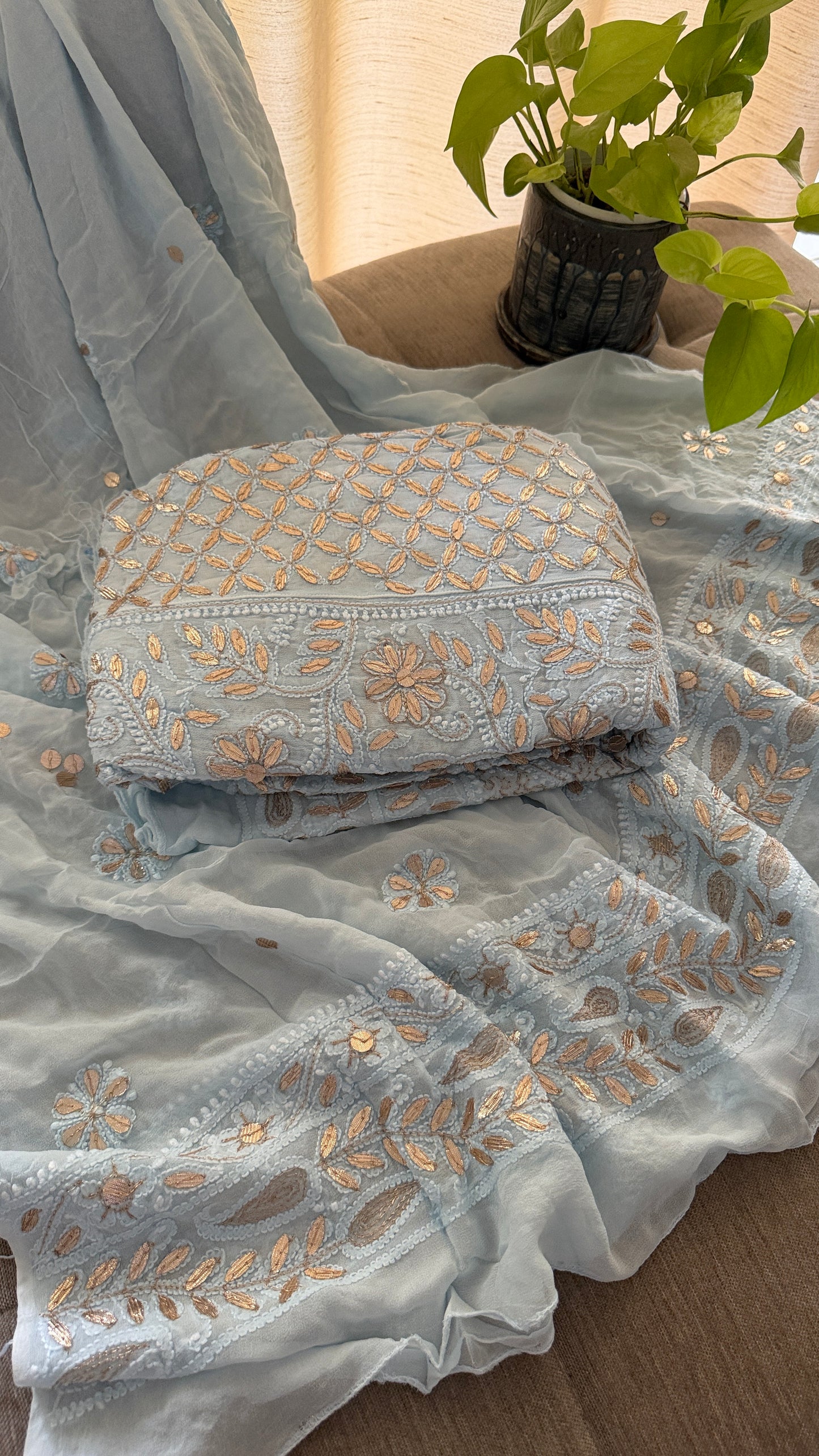 Powder Blue Gota Patti Chikankari Anarkali Suit (Anarkali And Dupatta)