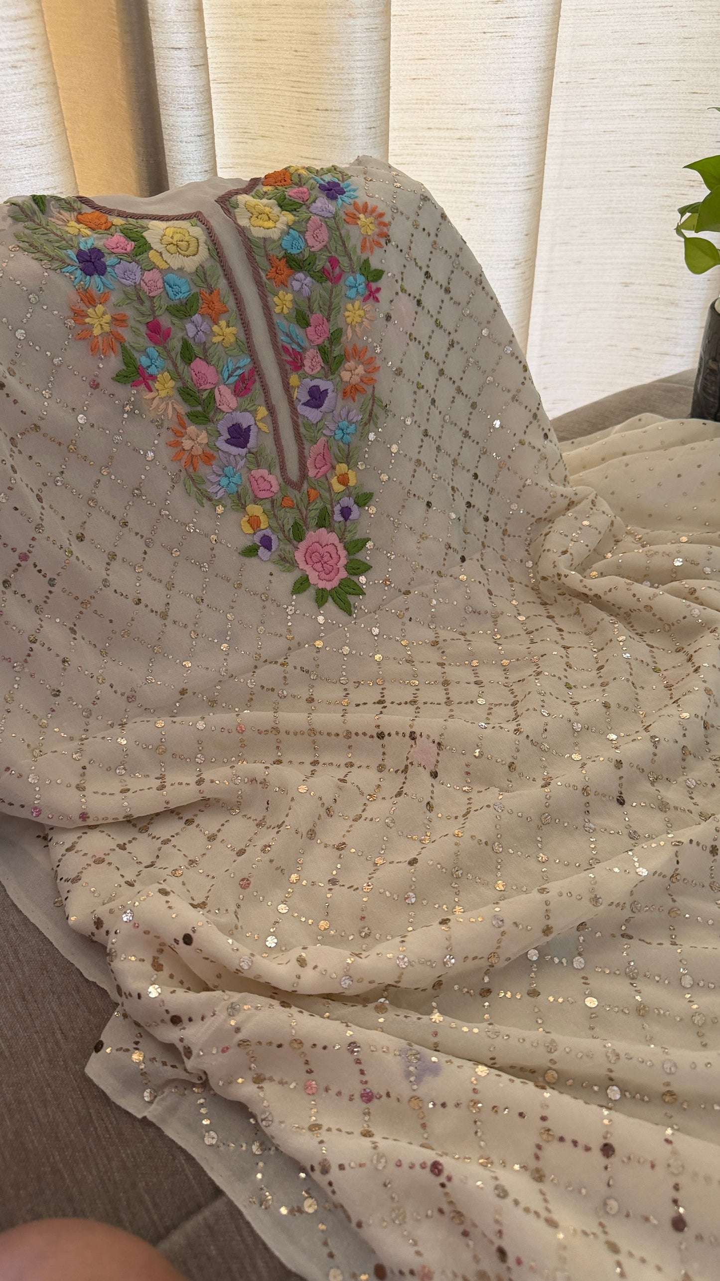Beige Multicolour Neckline Kamdani Suit