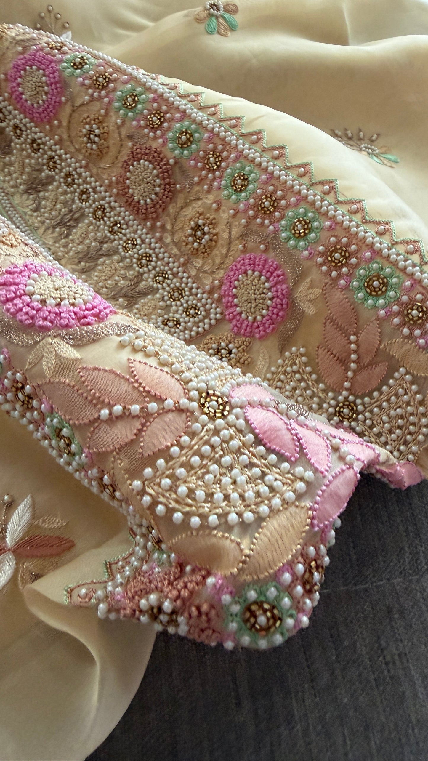 Exclusive Beige Organza Pearls Chikankari Suit