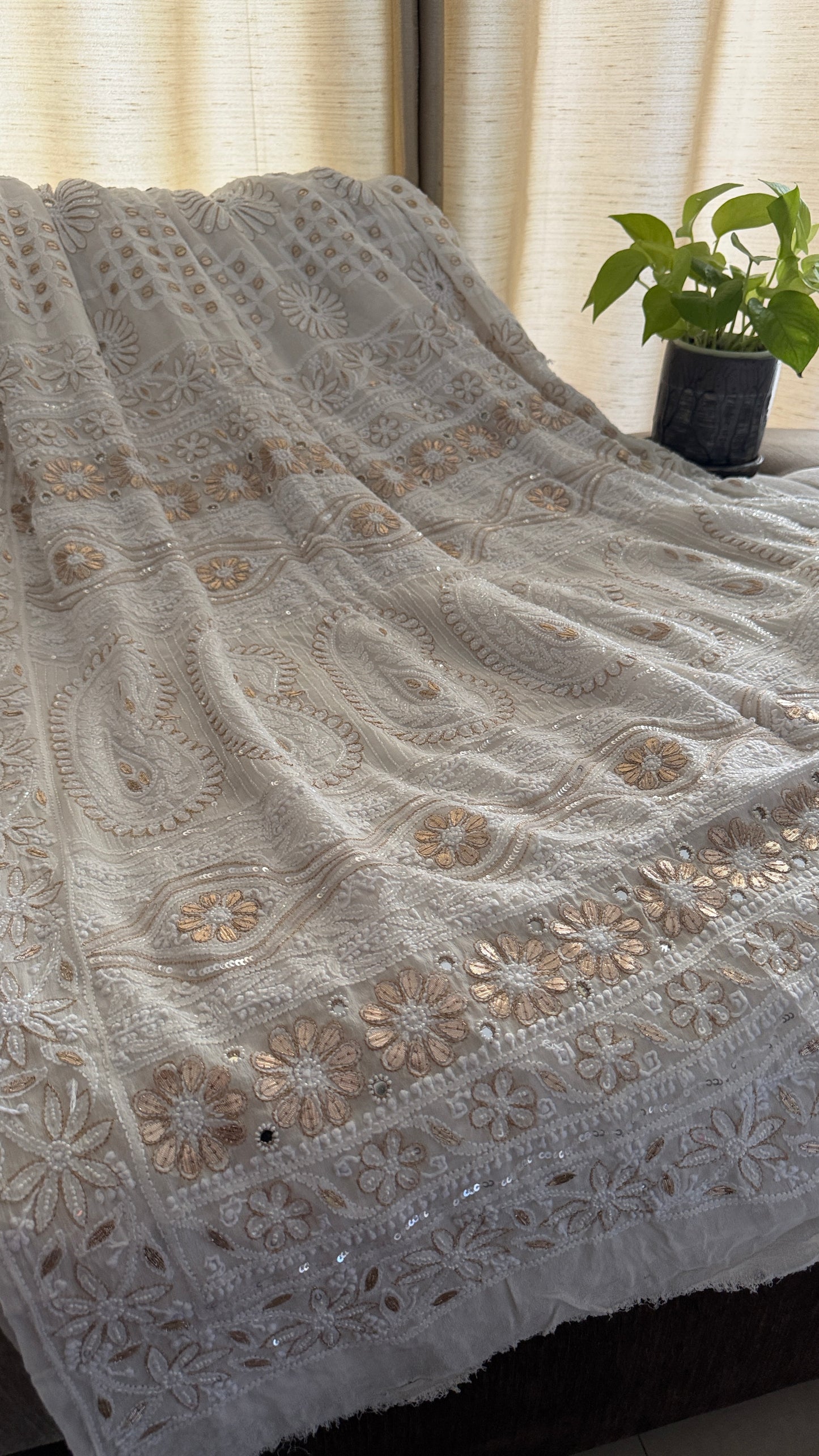 Ivory White Pearl Gota Patti Chikankari Saree