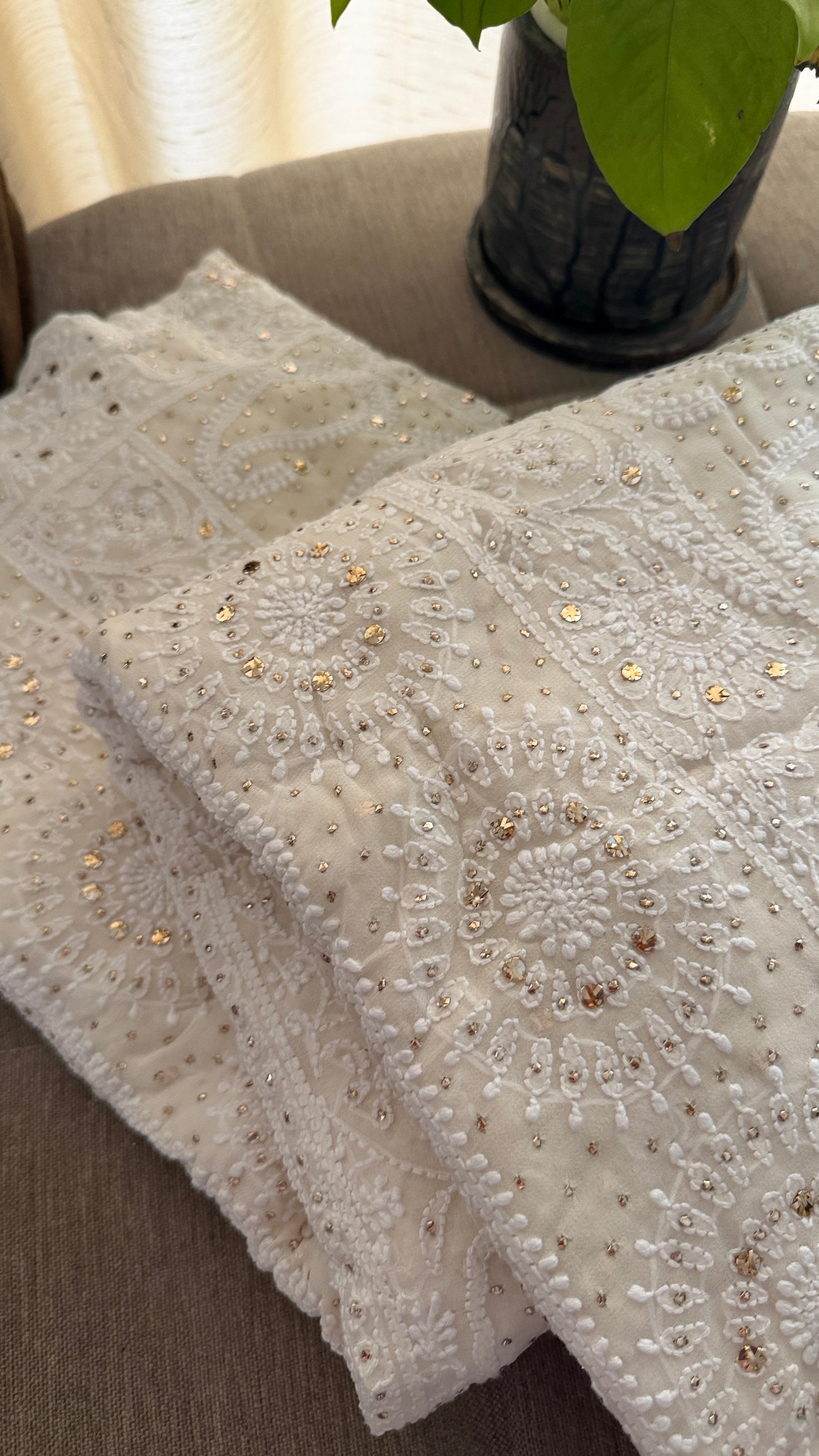 Ivory Pure Georgette Mukaish Chikankari Saree