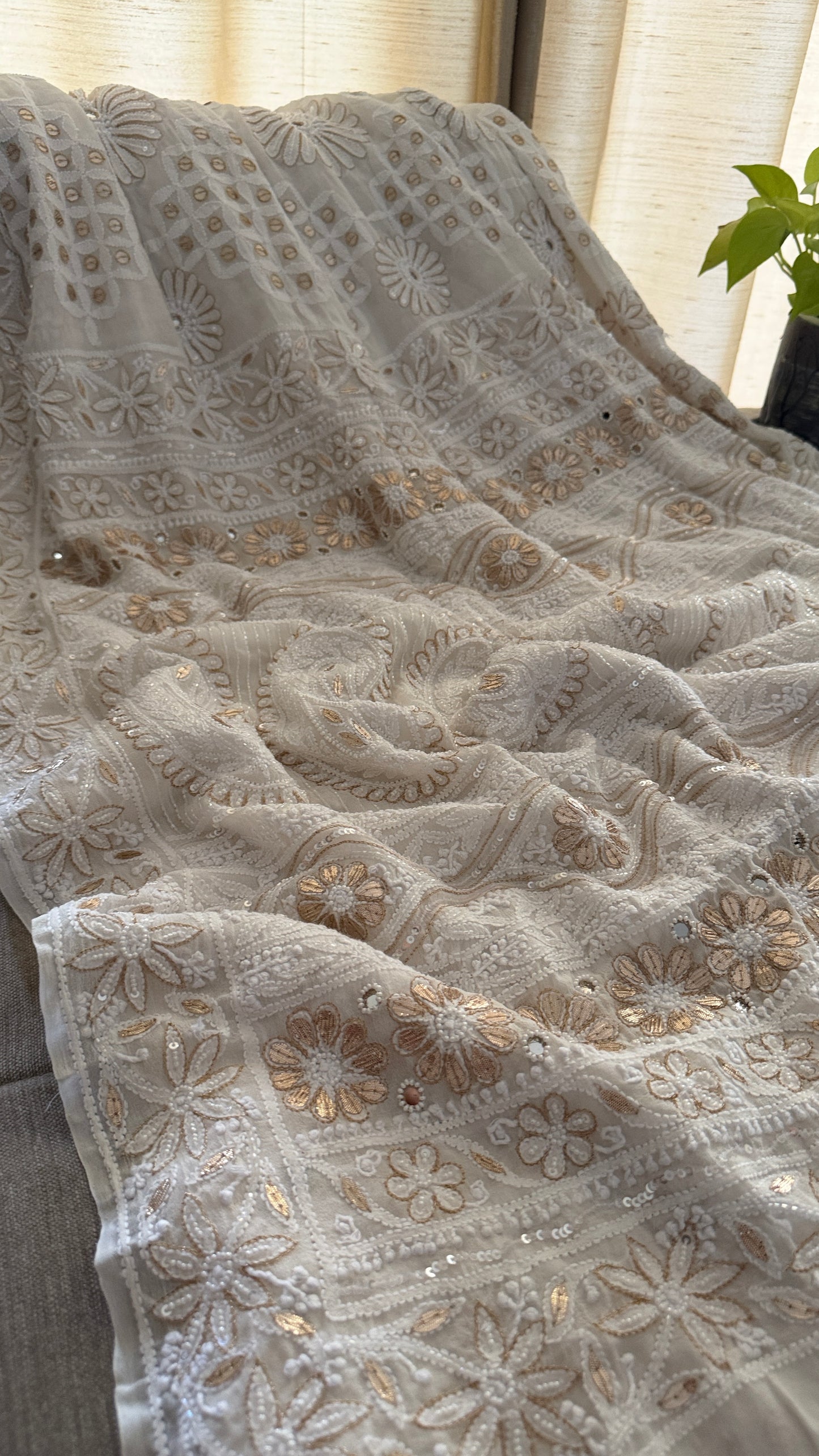 Ivory White Pearl Gota Patti Chikankari Saree