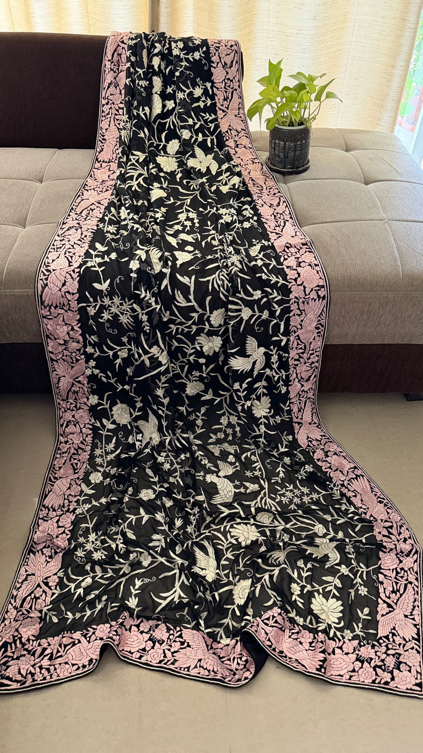 Designer Black Parsi Gara Dupatta with Pink Border