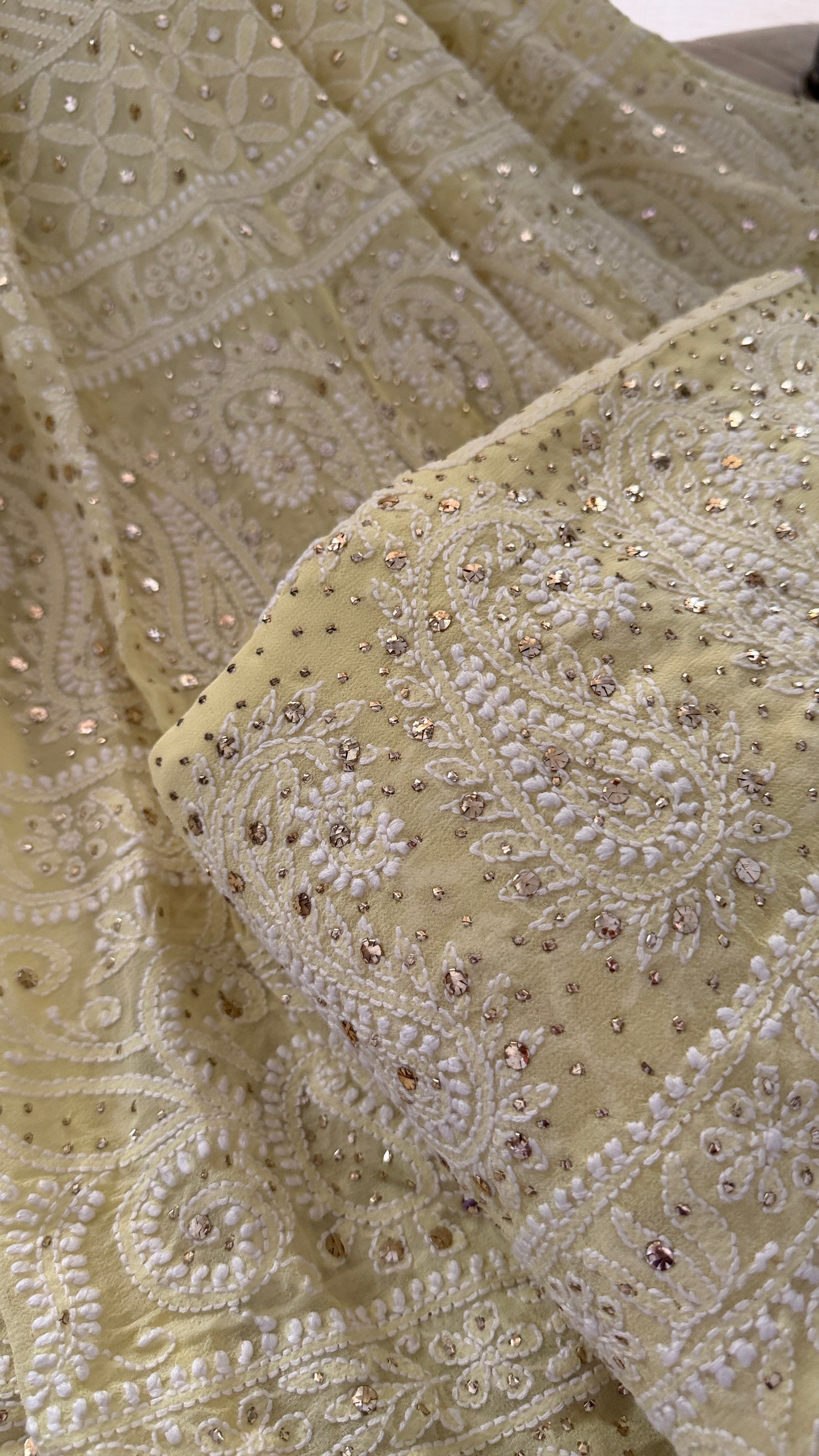 Lemon Yellow Mukaish Chikankari Lehenga Set