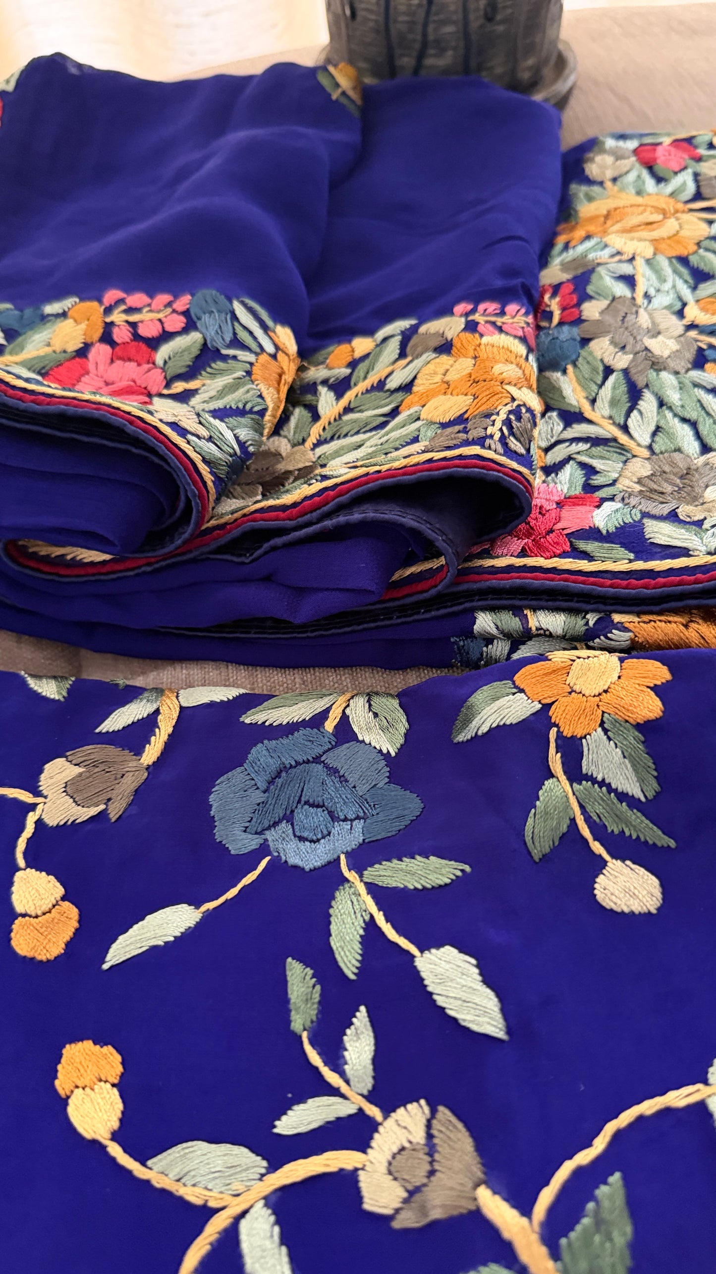 Royal Blue Floral Parsi Gara Suit (Three Piece)