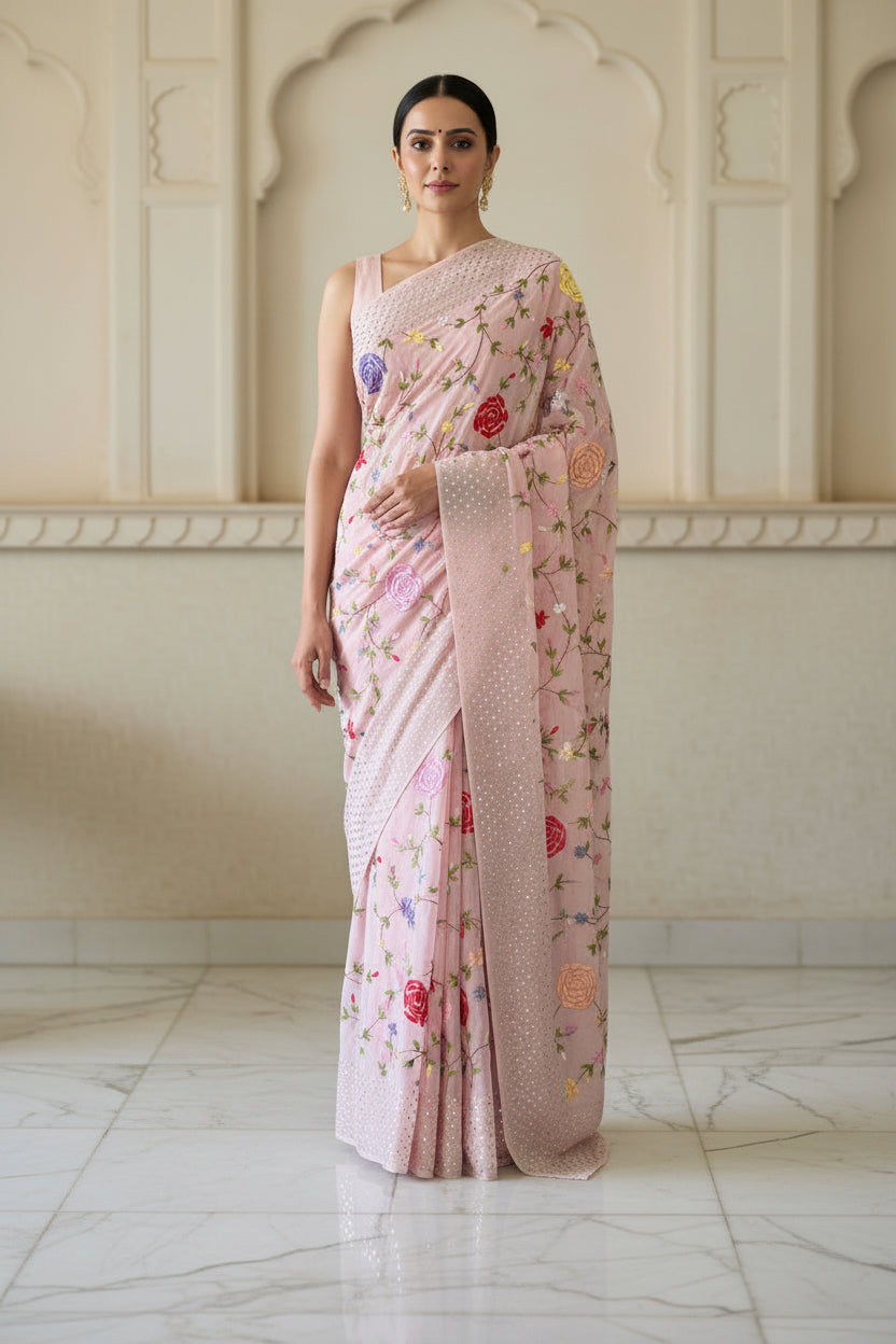 A light pink saree with colorful floral embroidery and a matching blouse displayed on a black mannequin against a textured beige wall.