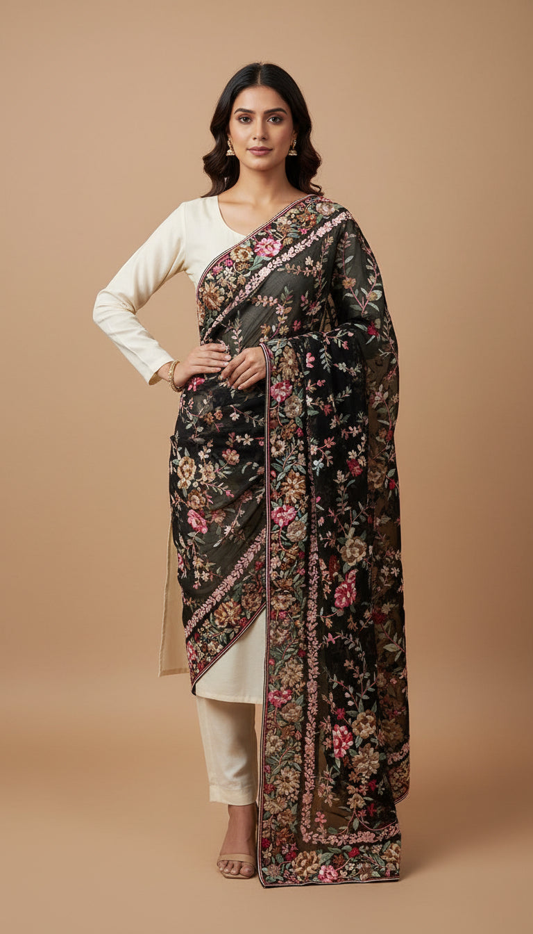 Black Floral Multicolour Parsi Gara Dupatta