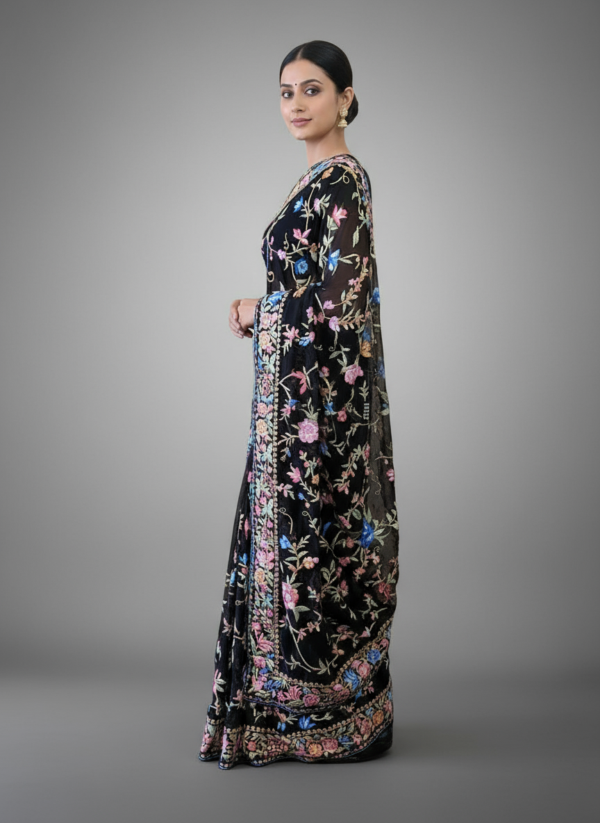 Pre Order Black Floral Parsi Gara Pure Georgette Saree
