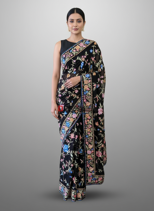 Black Floral Parsi Gara Pure Georgette Saree