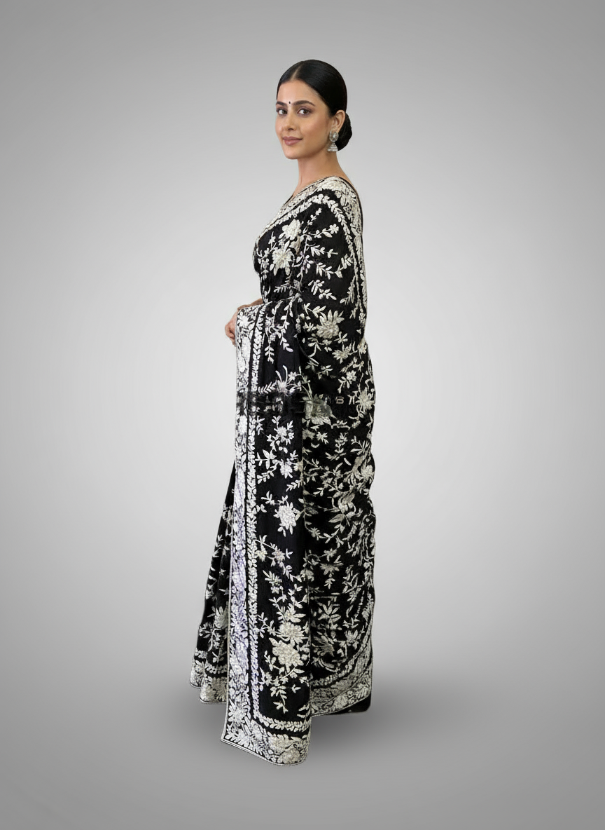 Black Ivory Floral Parsi Gara Hand Embroidered Saree (Pure Georgette)