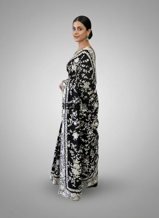 Black Ivory Floral Parsi Gara Hand Embroidered Saree (Pure Georgette)