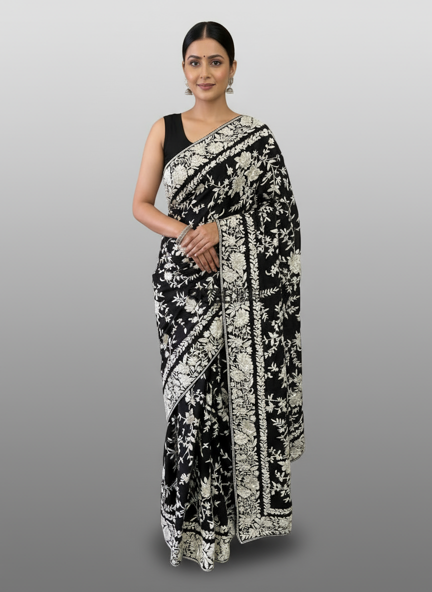 Black Ivory Floral Parsi Gara Hand Embroidered Saree (Pure Georgette)